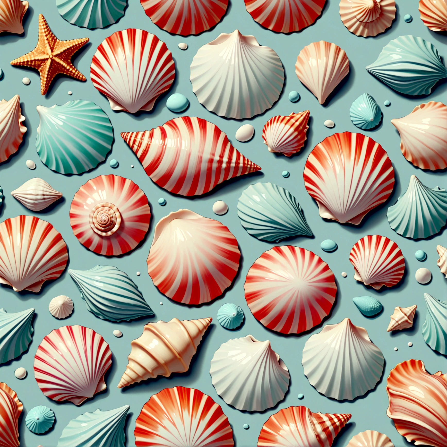 seashell pattern, seamless tile, regularly spaced, intricate design, organic shapes, natural textures, pastel colors, soft lighting, minimalist style, high detail, masterpiece, 8k, photorealistic