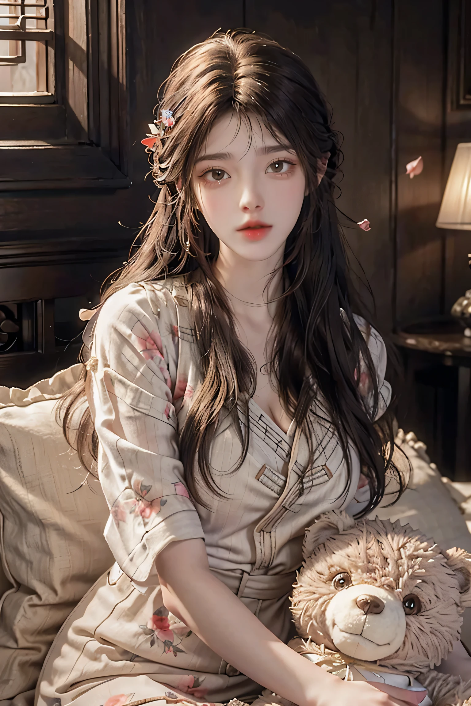 1girl walking on the river, mix4, sweater, pillow, lips, open_mouth, realistic, photo_\(medium\), solo, stuffed_animal, stuffed_toy, teddy_bear,(masterpiece),(photorealistic:1.3), ultra-detailed, (high detailed skin:1.2),(best quality:1.0), (ultra highres:1.0), (ulzzang-6500:0.3), wavy detailed hair, long hair, sunshine, (beautiful detailed makeup), (sexually aroused blushing heavy breathing:1.0), floral theme flower petals scattered, (soft glow bloom:0.5)