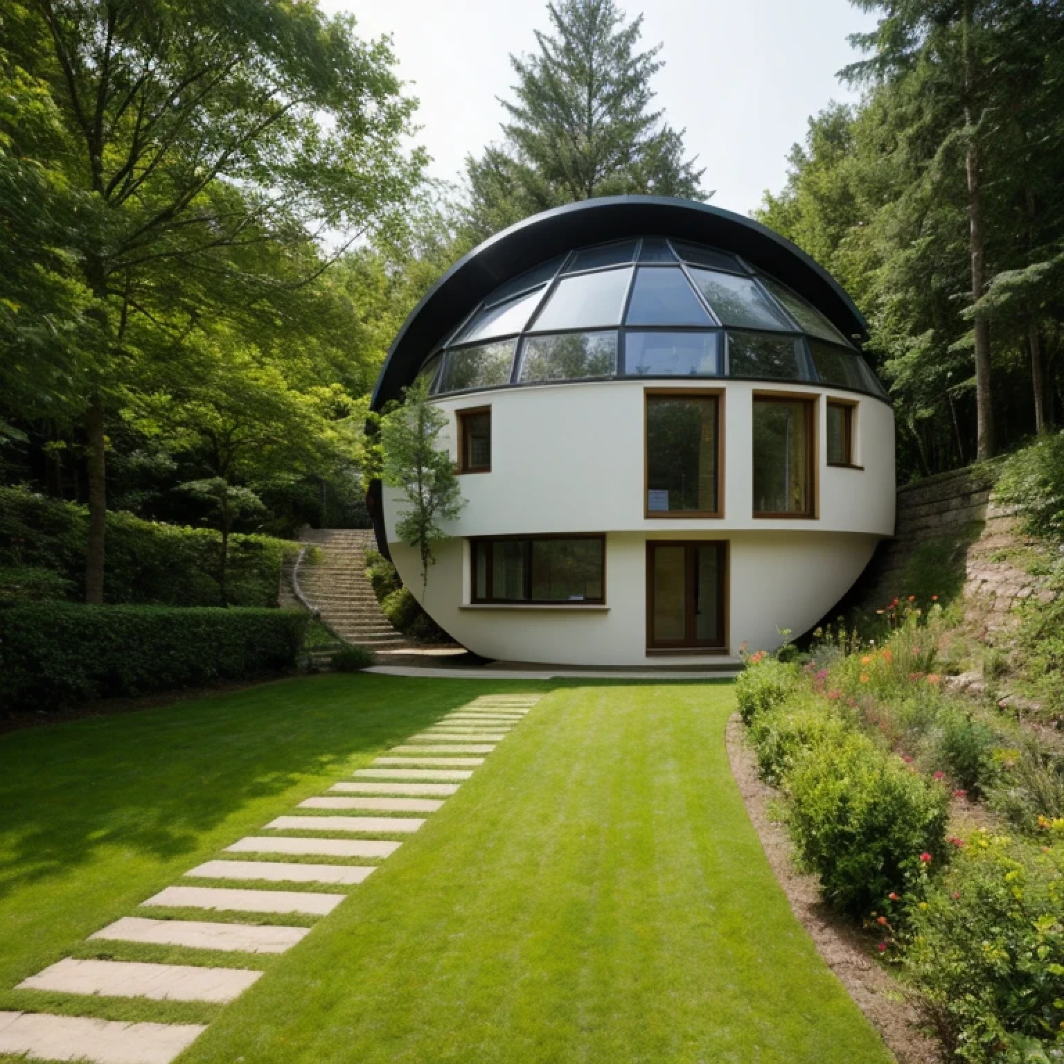 A spherical house on a plot with a slight slope