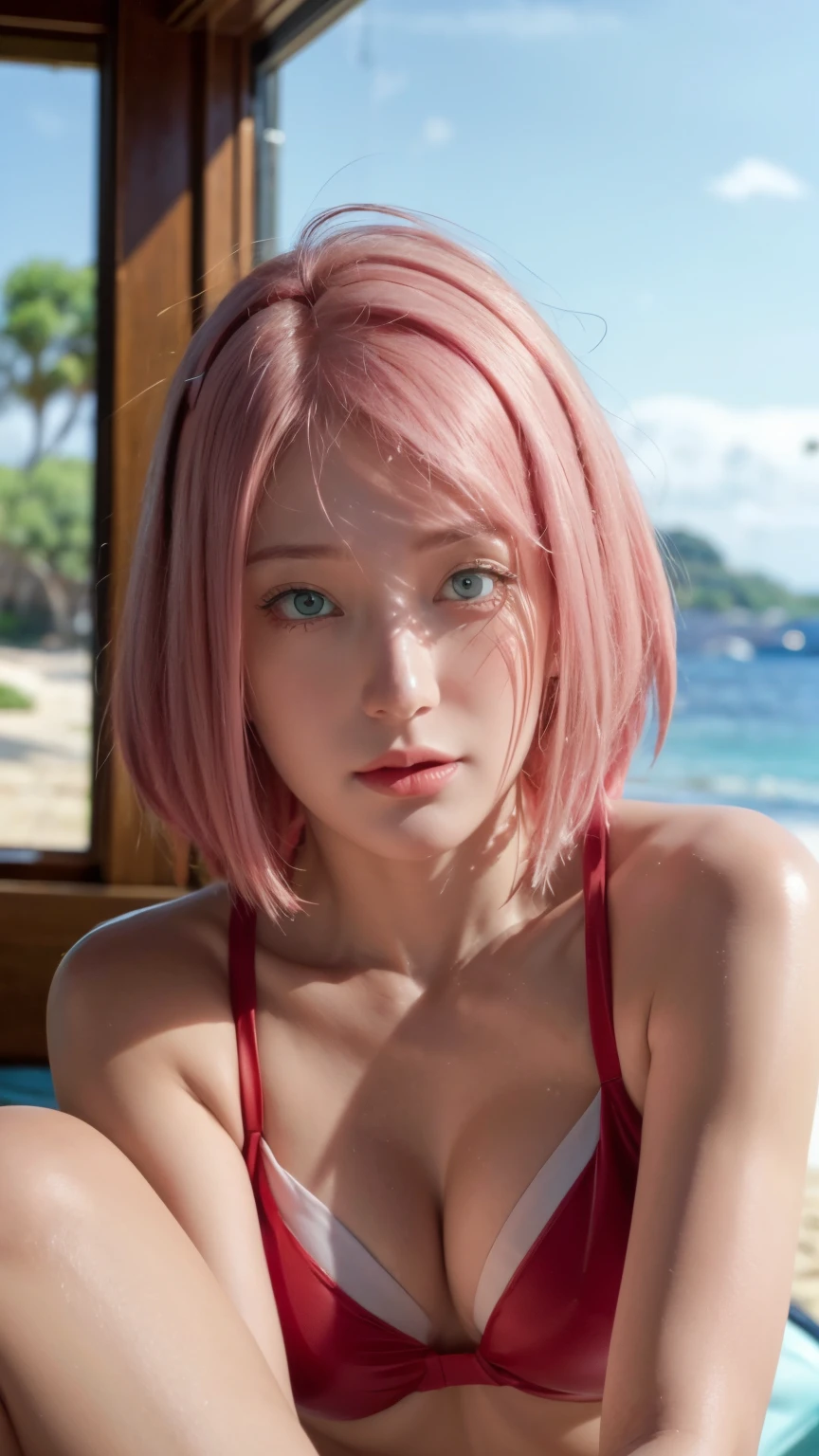 masterpiece, ,(alone:1.1), Perfect Face, (Bright lighting:1.2),Beautiful attention to detail, Highly detailed face, Perfect lighting,masterpiece, Highest quality, One girl,Haruno sakura, Sexy pose, bikini, Beach