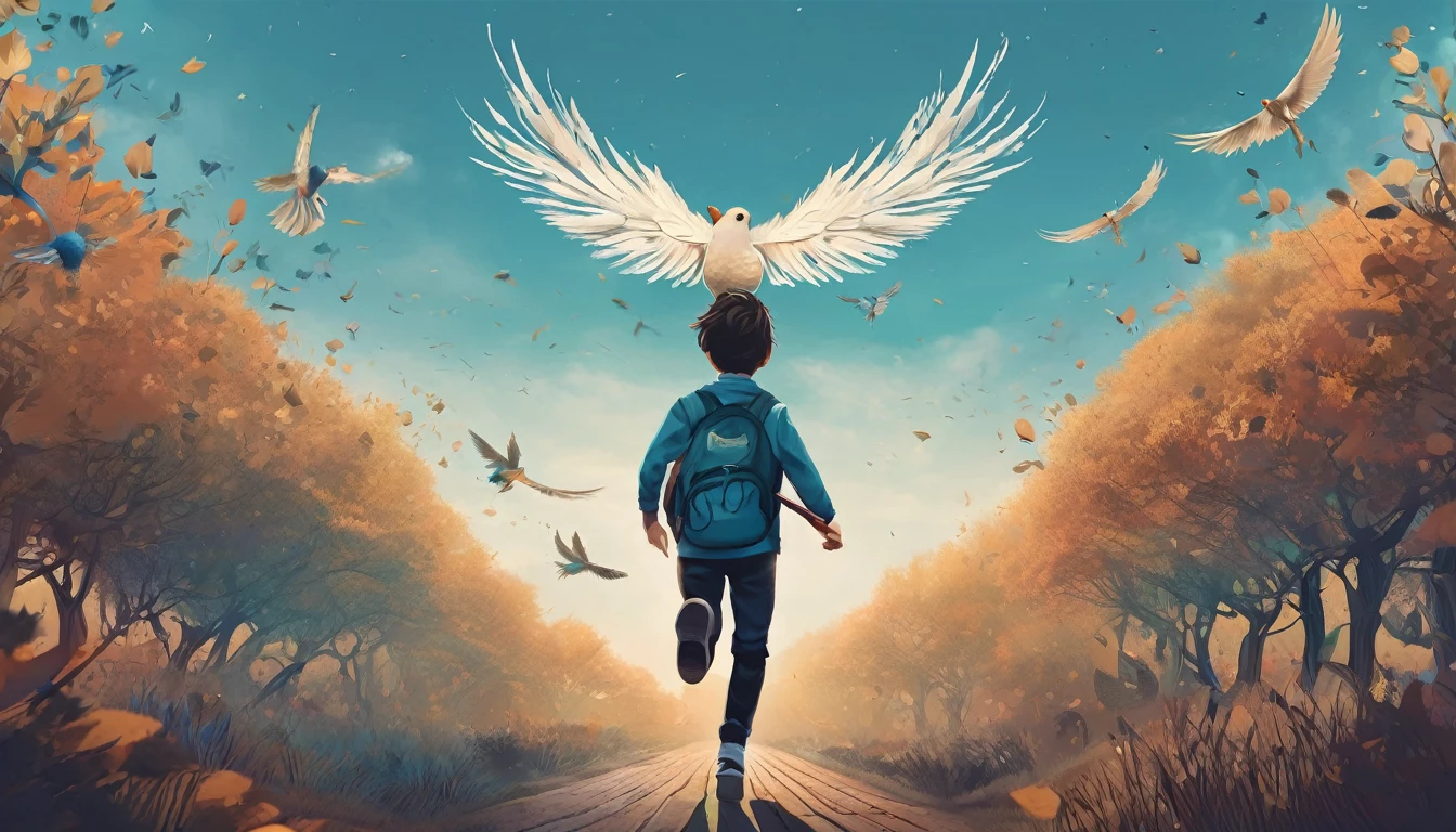 Create a professional, fantastic, cinematic Youtube Banner for a brand about music and stories called " Penamemoria". Masterpiece, 4k, sharp focus, highest quality,wide shot. The title is " Penamemoria". Is a brand about the creative, unique journey of a boy into becoming a musician storyteller. In his journey he finds inspiration in a world of birds and feathers. Minimalistic, simple, poetic, dreamy logotype at the center of the image. The Background image is a world full of fantastic feathers, unique birds, light blue sky, and a boy running happily into the horizon with an acoustic guitar in his right hand. Boy running against the wind, almost simulating like he is flying