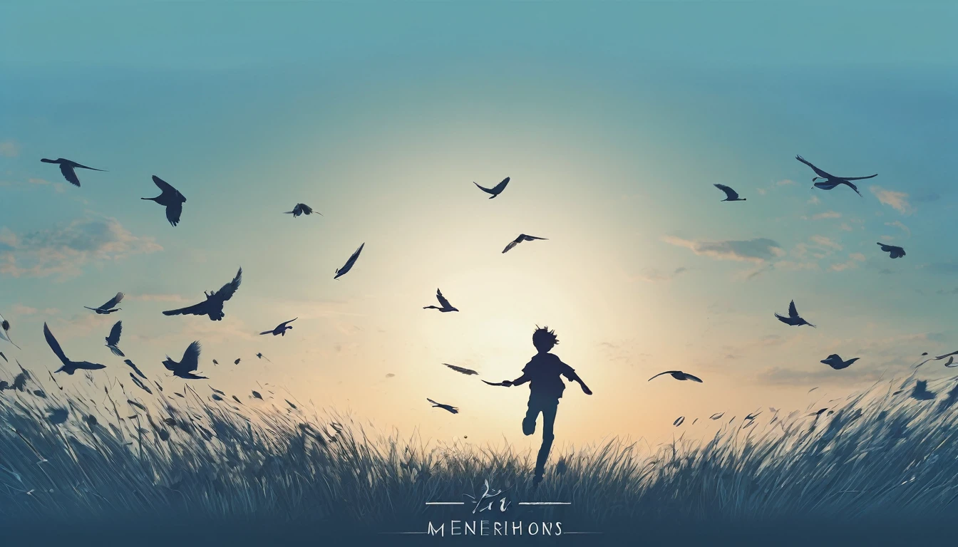 Create a professional, fantastic, cinematic Youtube Banner for a brand about music and stories called " Penamemoria". Masterpiece, 4k, sharp focus, highest quality,wide shot. The title is " Penamemoria". Is a brand about the creative, unique journey of a boy into becoming a musician storyteller. In his journey he finds inspiration in a world of birds and feathers. Minimalistic, simple, poetic, dreamy logotype at the center of the image. The Background image is a world full of fantastic feathers, unique birds, light blue sky, and a boy running happily into the horizon with an acoustic guitar in his right hand. Boy running against the wind, almost simulating like he is flying