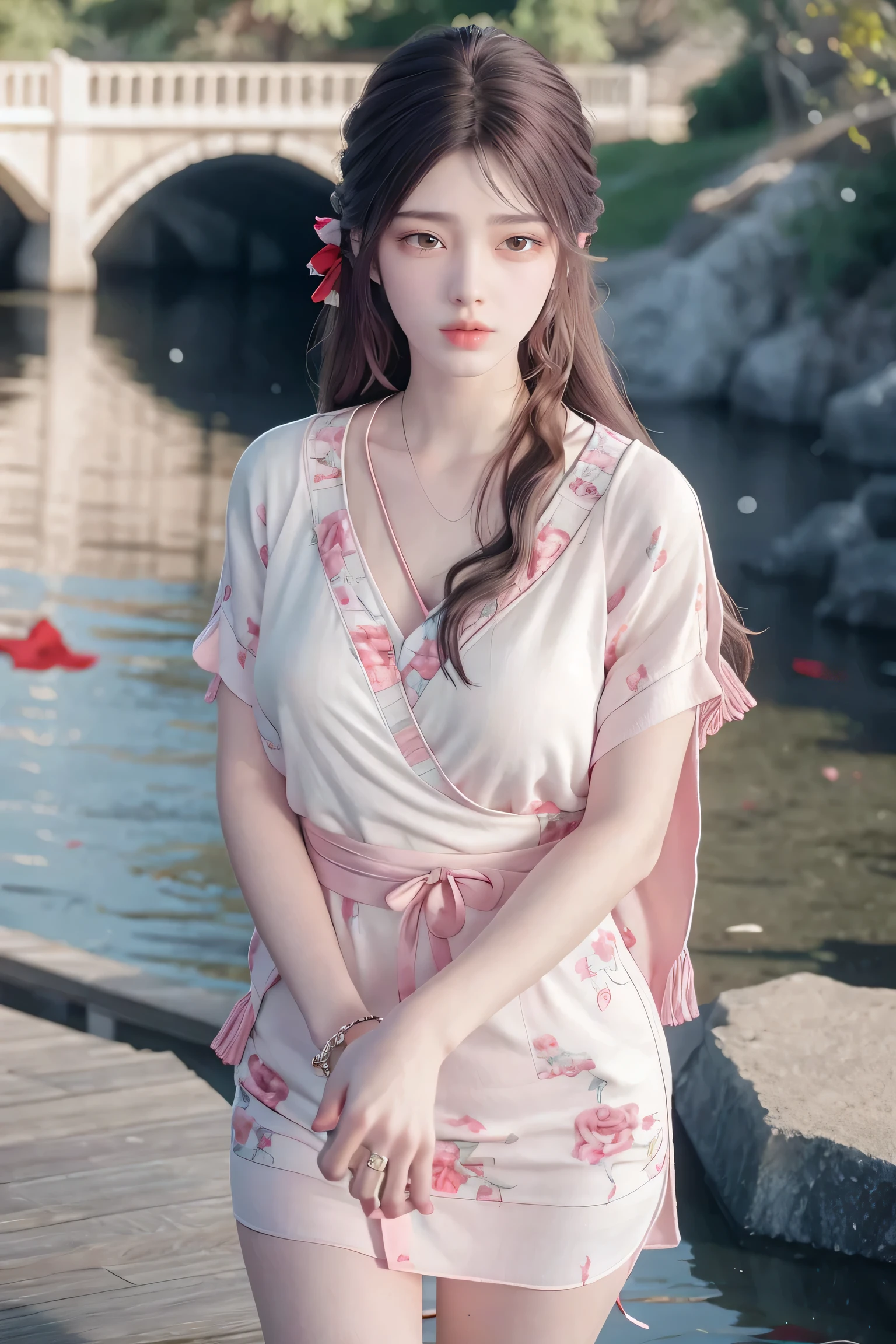 1girl walking on the river, mix4, sweater, pillow, lips, open_mouth, realistic, photo_\(medium\), solo, stuffed_animal, stuffed_toy, teddy_bear,(masterpiece),(photorealistic:1.3), ultra-detailed, (high detailed skin:1.2),(best quality:1.0), (ultra highres:1.0), (ulzzang-6500:0.3), wavy detailed hair, long hair, sunshine, (beautiful detailed makeup), (sexually aroused blushing heavy breathing:1.0), floral theme flower petals scattered, (soft glow bloom:0.5)