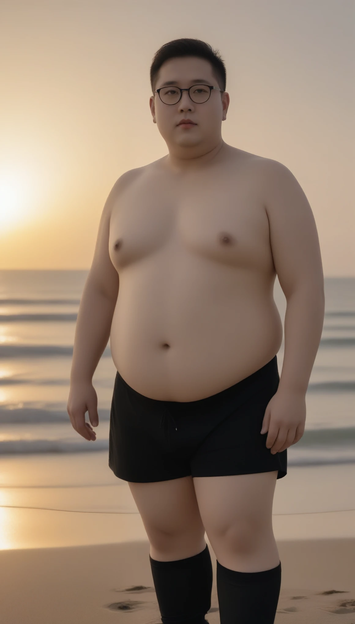 A fat man,Big eyes,Black round glasses,short hair,Round inches,Big round face,Very large and well-developed chest muscles,Big full belly,Standing on the beach far away from the sunset,The upper body is bare,Wearing briefs with bulge in the crotch,Oriental male,full-body shot