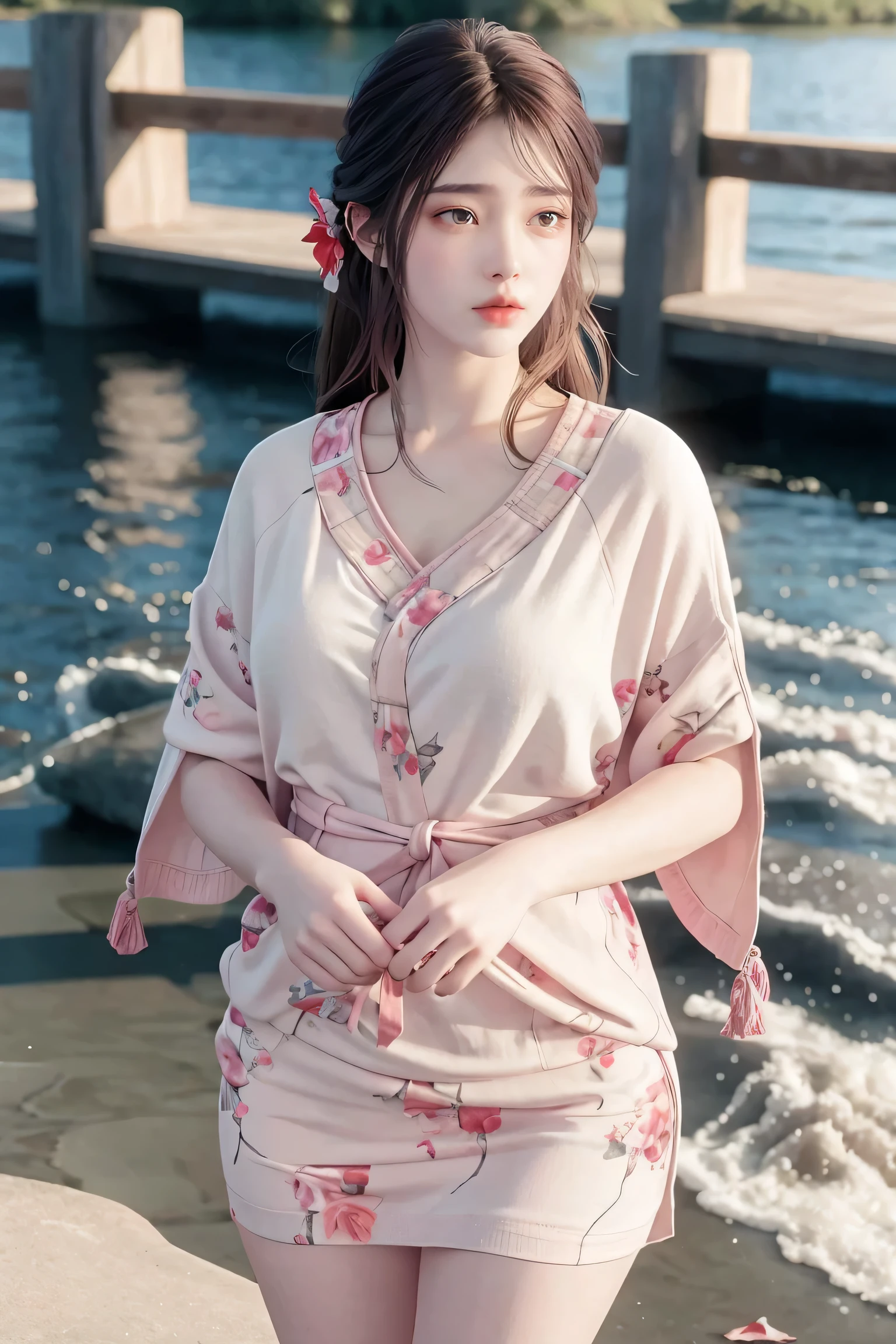 1girl walking on the river, mix4, sweater, pillow, lips, open_mouth, realistic, photo_\(medium\), solo, stuffed_animal, stuffed_toy, teddy_bear,(masterpiece),(photorealistic:1.3), ultra-detailed, (high detailed skin:1.2),(best quality:1.0), (ultra highres:1.0), (ulzzang-6500:0.3), wavy detailed hair, long hair, sunshine, (beautiful detailed makeup), (sexually aroused blushing heavy breathing:1.0), floral theme flower petals scattered, (soft glow bloom:0.5)