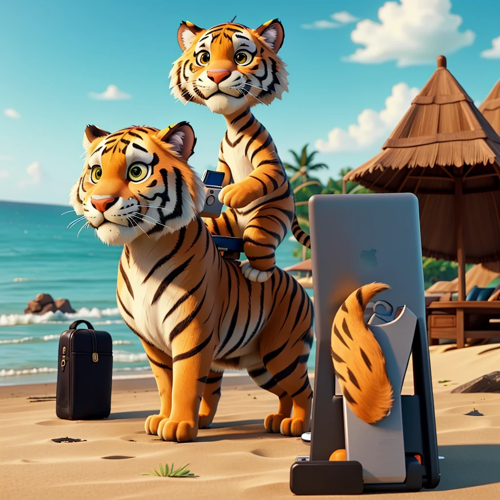 Tiger's a crook with a lot of money on the beach, working the crypto market on his laptop.