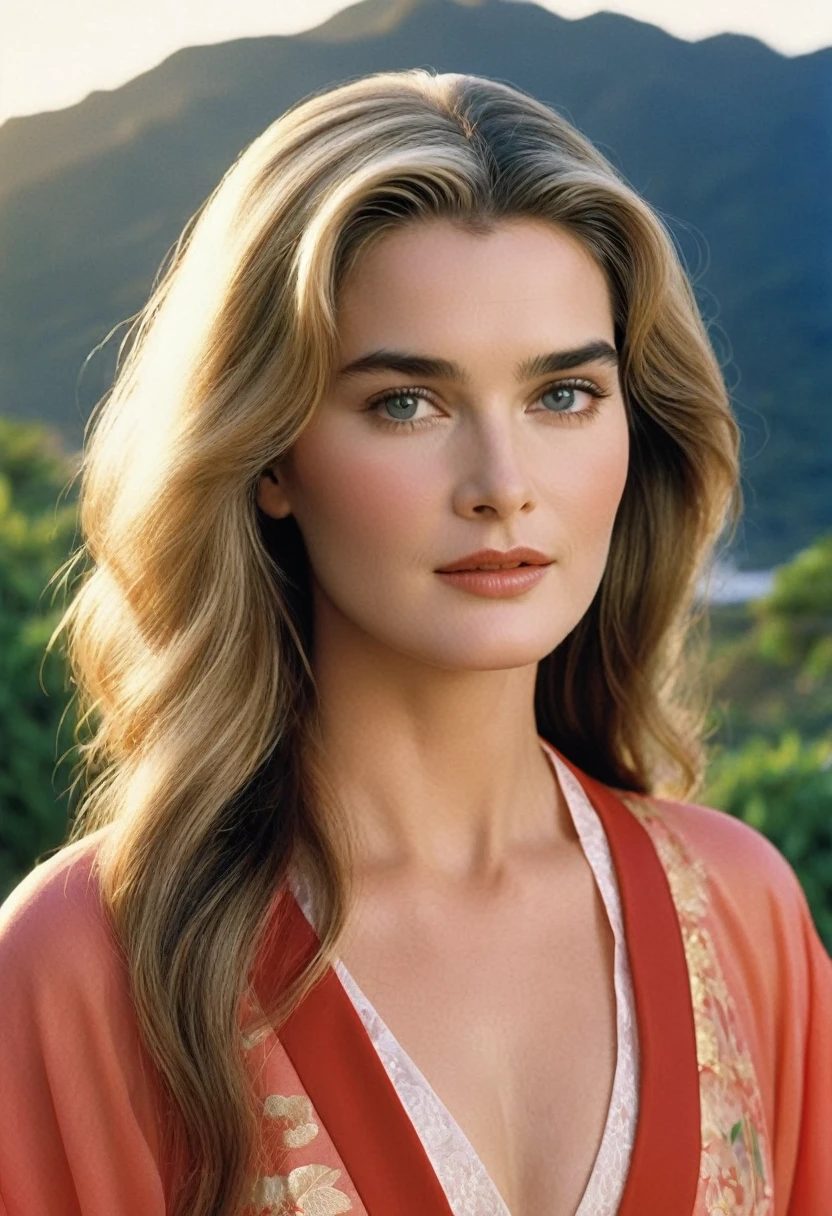 Masterpiece, Best Quality, detailed, 1 girl, (12 year old hollywood actress brooke shields model , wide, long, blonde hair), (grapefruit in front), (temple in the background), session, red kimono, medium breasts, top-less, light smile, arms behind the back, water, sunset, hair ornament,
