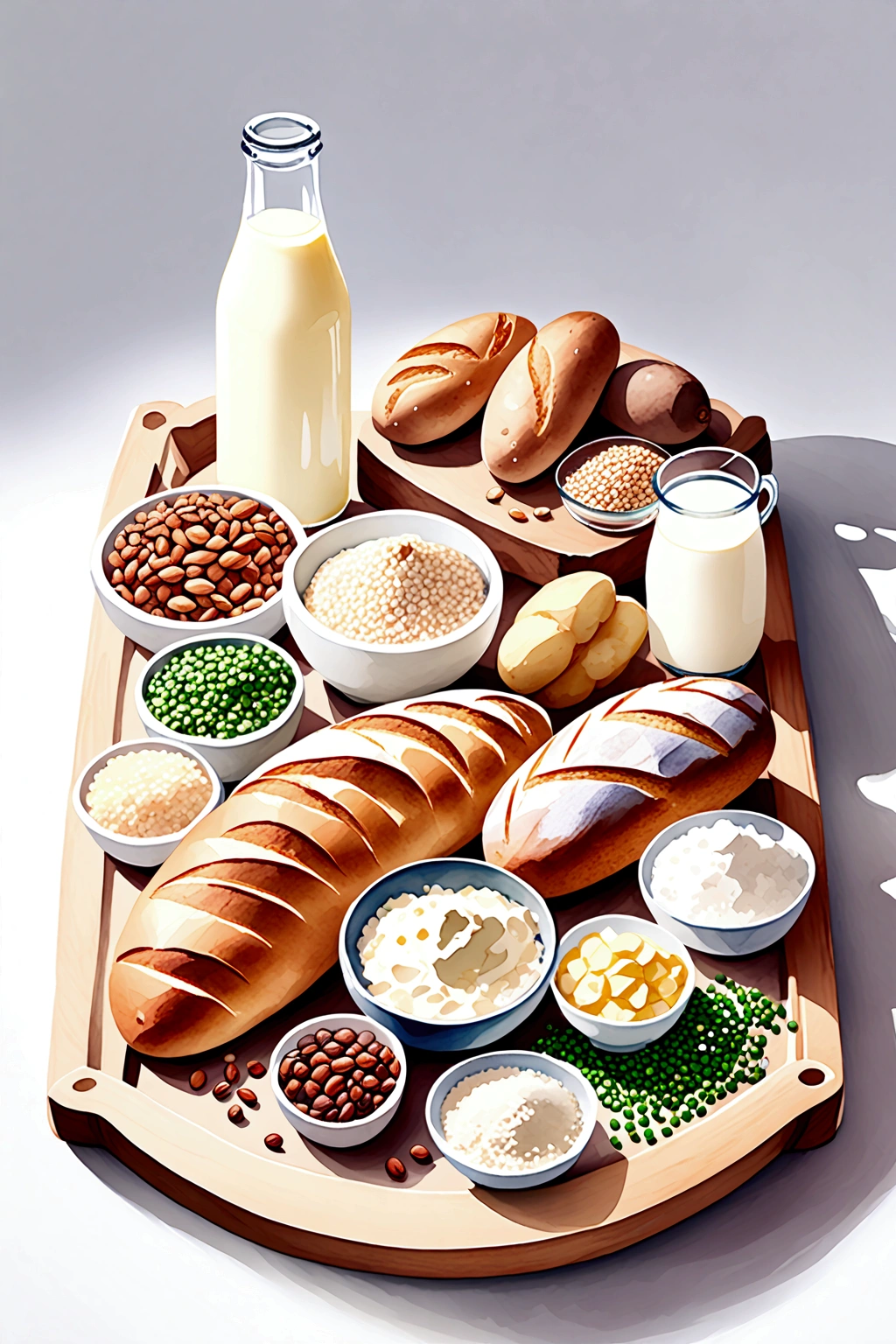 ((masterpiece)), ((best quality:1.2)), ((watercolor)), ((soft color))), ((minimalist)), ((negative space)), ((solid white background)), a wooden tray full of food ingredients, bread, sour, wheat, flour, rice, potatoes, nuts, a bottle of milk, Grains, beans, peas, lentils, margarine, mayonnaise, many types of bread, ((no Clipping)), no shadow clipping, no object clipping, (((solid white background))), very subtle shadow