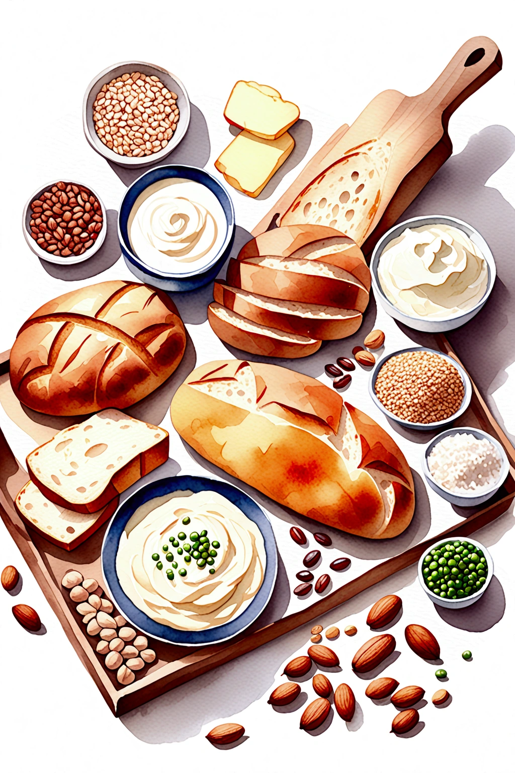 ((masterpiece)), ((best quality:1.2)), ((watercolor)), ((soft color))), ((minimalist)), ((negative space)), ((solid white background)), a wooden tray full of food ingredients, bread, sour, wheat, flour, rice, potatoes, nuts, a bottle of milk, Grains, beans, peas, lentils, margarine, mayonnaise, many types of bread, ((no Clipping)), no shadow clipping, no object clipping, (((solid white background))), very subtle shadow