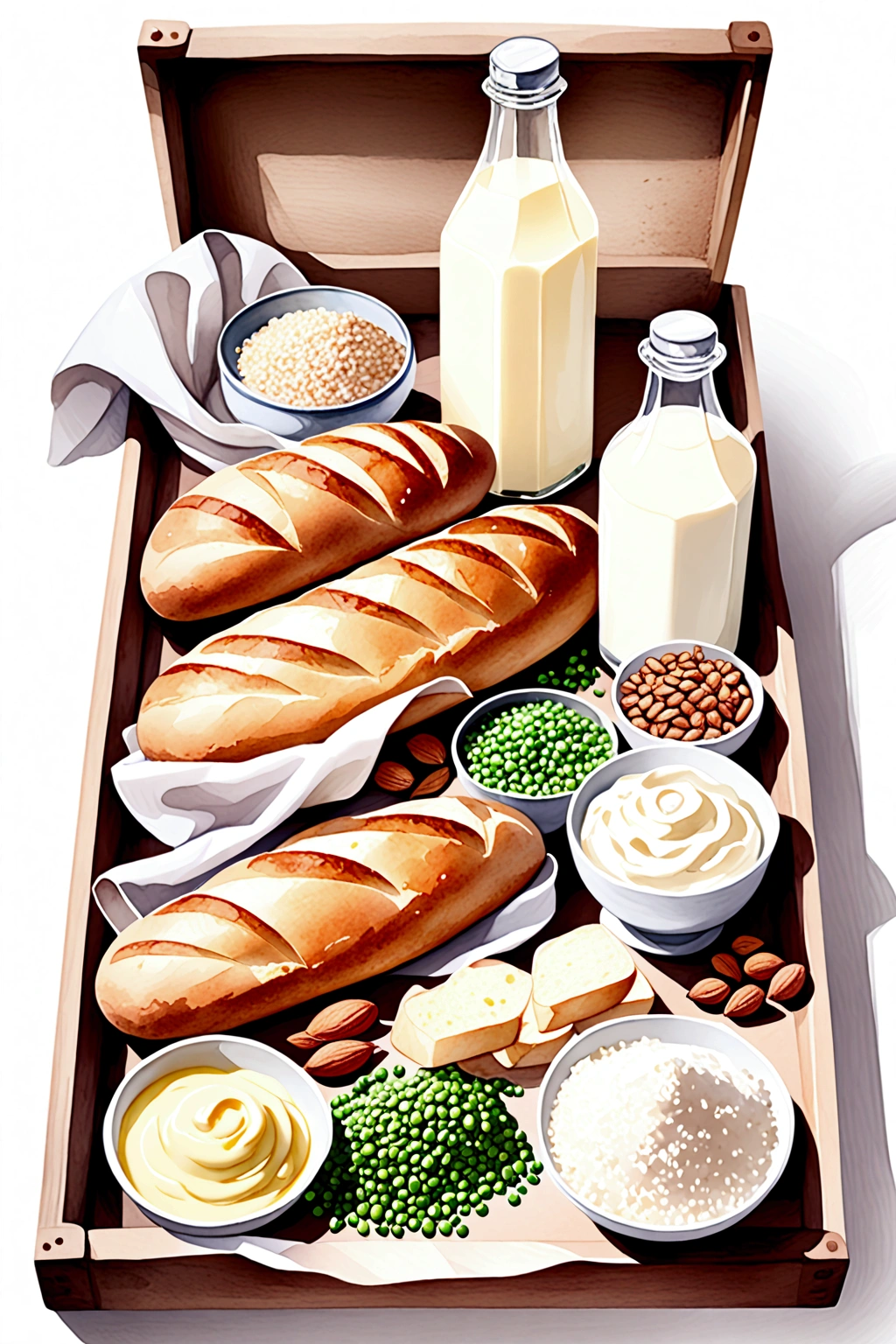 ((masterpiece)), ((best quality:1.2)), ((watercolor)), ((soft color))), ((minimalist)), ((negative space)), ((solid white background)), a wooden tray full of food ingredients, bread, sour, wheat, flour, rice, potatoes, nuts, a bottle of milk, Grains, beans, peas, lentils, margarine, mayonnaise, many types of bread, ((no Clipping)), no shadow clipping, no object clipping, (((solid white background))), very subtle shadow