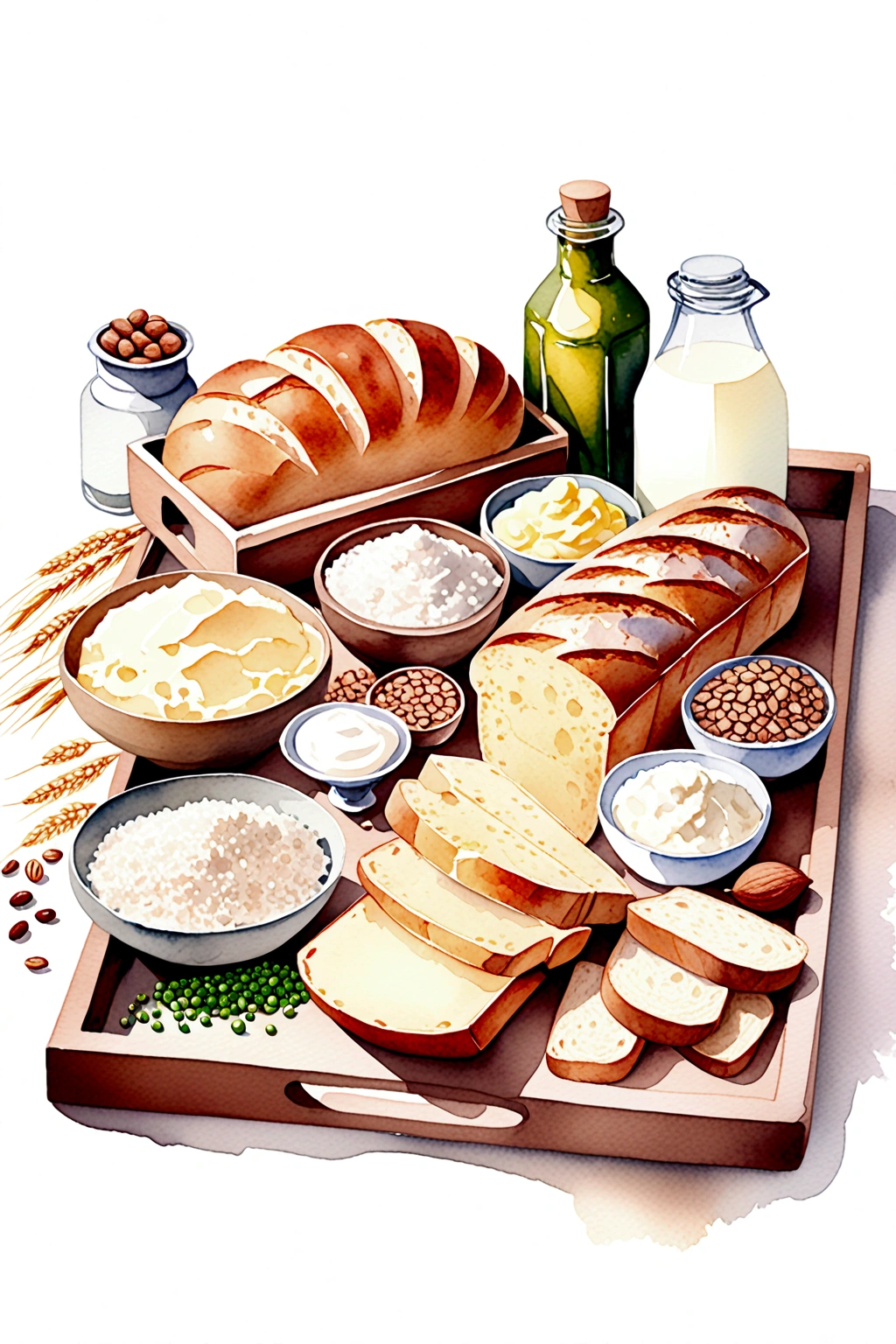 ((masterpiece)), ((best quality:1.2)), ((watercolor)), ((soft color))), ((minimalist)), ((negative space)), ((solid white background)), a wooden tray full of food ingredients, bread, sour, wheat, flour, rice, potatoes, nuts, a bottle of milk, Grains, beans, peas, lentils, margarine, mayonnaise, many types of bread, ((no Clipping)), no shadow clipping, no object clipping, (((solid white background))), very subtle shadow