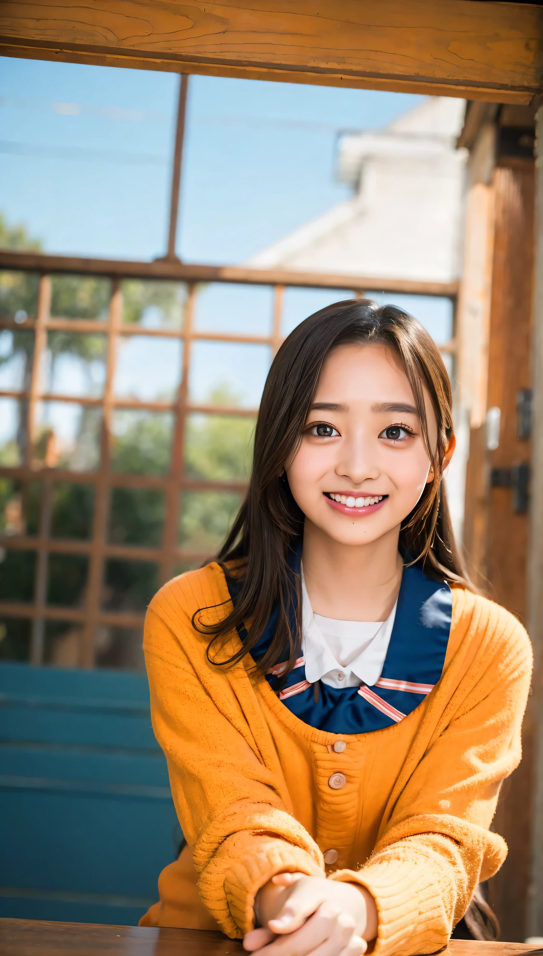 (cowboy shot),Ultra-high resolution,big eyes,(brown eyes),Japanese,(forehead),(a girl),(1 girl),(()),(cute),pretty,((facing at viewer)),grin,(white school uniform)