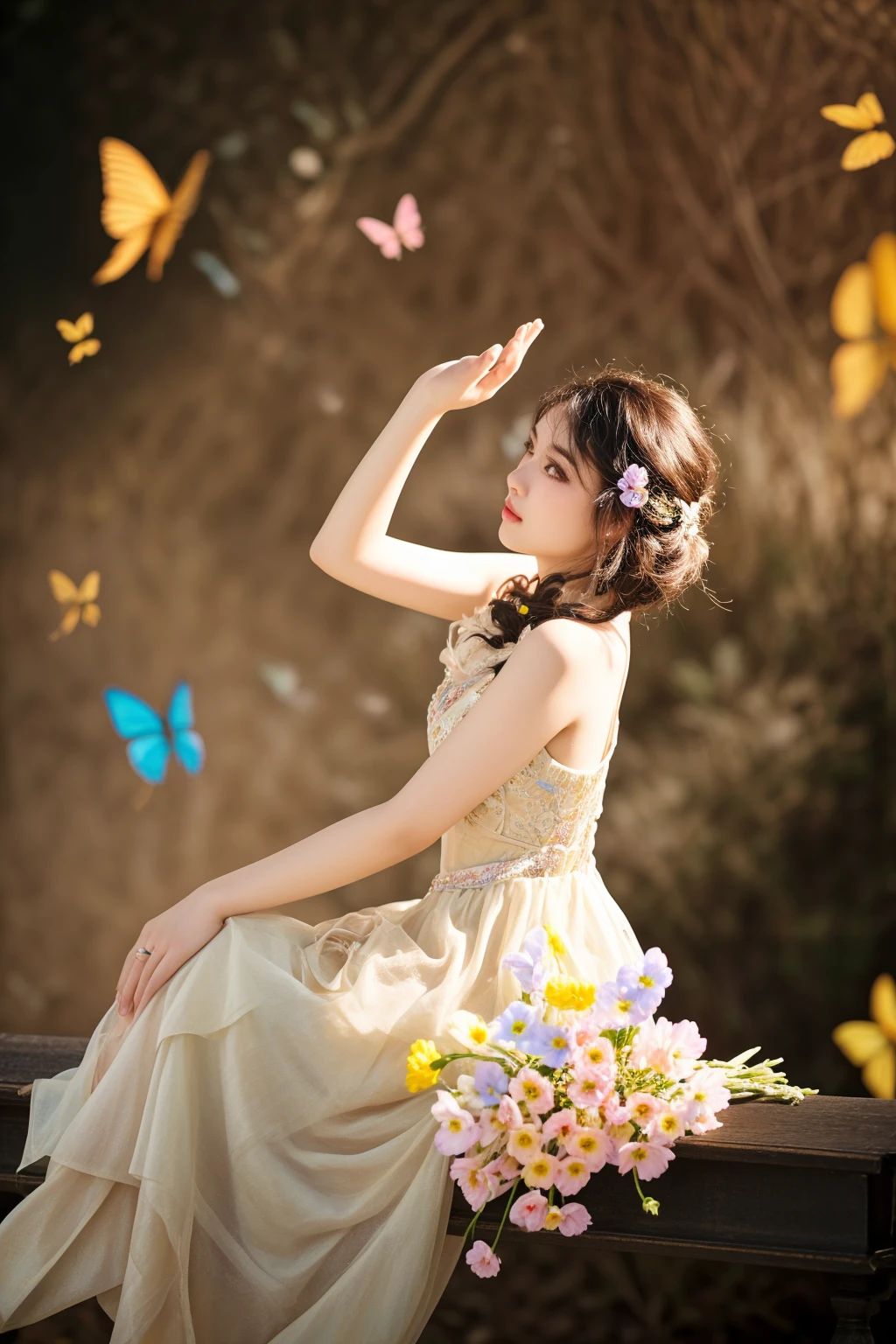 there is a woman sitting on a bench with a bouquet of flowers, photo taken with nikon d 7 5 0, photo taken with nikon d750, fantasy photography, fine art fashion photography, fantasy photoshoot, a stunning young ethereal figure, whimsical portrait, fashion photograhy, lady with glowing flowers dress, flowers and butterflies, modeling photography, ethereal beauty