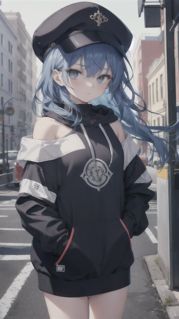 masterpiece,1girl,solo,long hair,blue hair,hoodie,off shoulder:1.2, mob cap, street,hand on hip, hand in pocket,