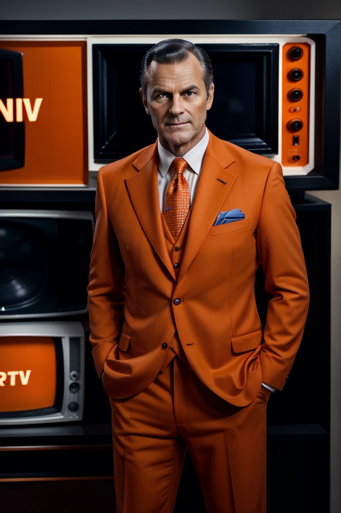 A detailed full-body image of a man wearing an orange suit, standing, with an old television set for a head, vintage TV design with knobs and antennas, screen displaying static, sharp and well-fitted suit, high-resolution, photorealistic, background: 100% white
