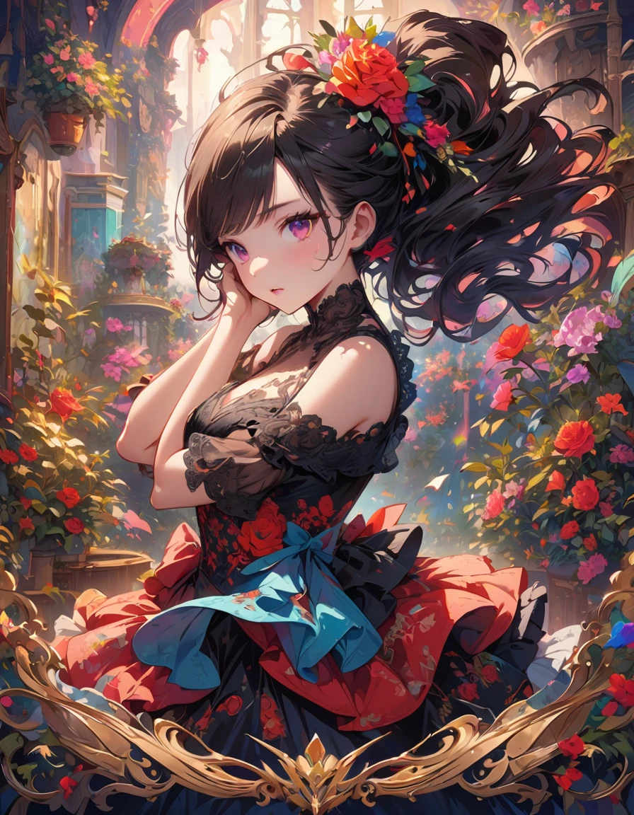 full body of anime girl character dancing and martial poses on a red and black floral bed with a flamenco dress with an essentially detailed embroidery patterned fabric with roses in the background, in the style of cute and cool, anime aesthetic, dark hair, colorful illustrations, highly detailed, in the style of digital painting, natural lighting, full body portrait, anime character design, sharp focus, highly detailed illustration, masterpiece, high definition, in the style of octane rendering, 2D game art, hyper realistic. --ar 3:4 --niji 6
