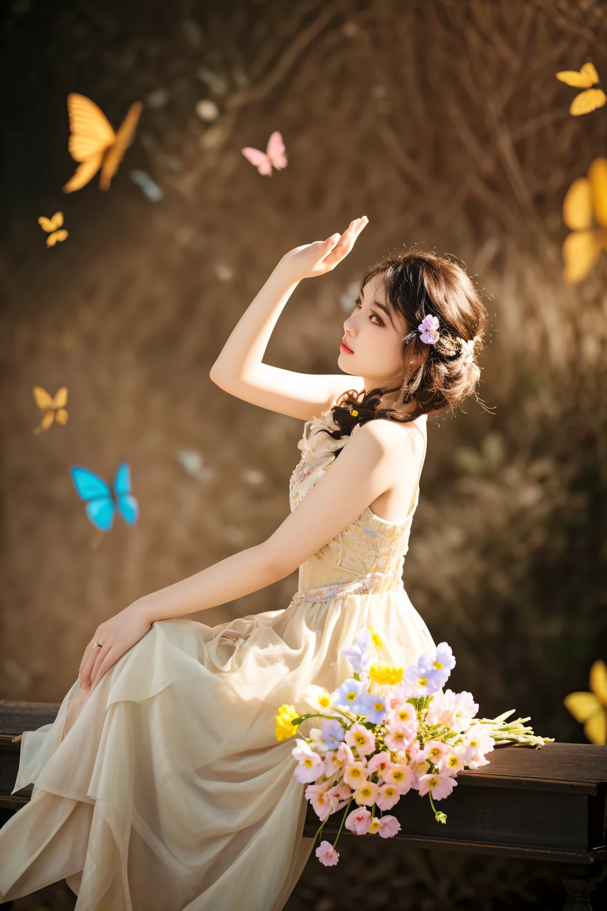 there is a woman sitting on a bench with a bouquet of flowers, photo taken with nikon d 7 5 0, photo taken with nikon d750, fantasy photography, fine art fashion photography, fantasy photoshoot, a stunning young ethereal figure, whimsical portrait, fashion photograhy, lady with glowing flowers dress, flowers and butterflies, modeling photography, ethereal beauty