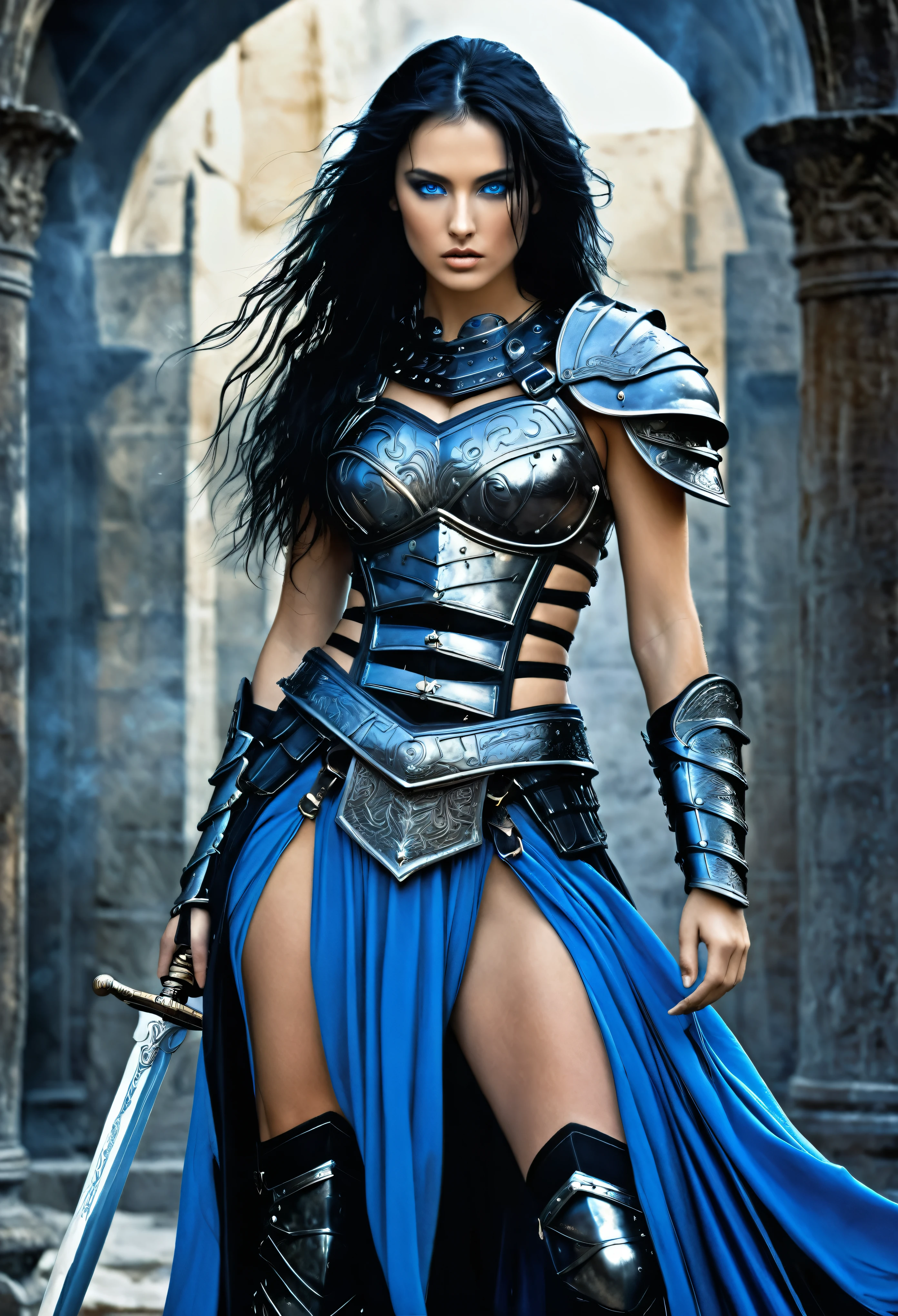 albrecht durer meets Luis Royo-inspired style, visualize a (((petite female gladiator))) with a (((petite body))), (((very long, messy, black hair))), (((dark, mysterious, blue eyes))), dressed in a (((vivid, legendary, 16K, hyper-detail sexy body armor dress))), embodying a (((fantastic, full-body aesthetic))) against a backdrop of (((swirling, hyper-detailed smoke))).
