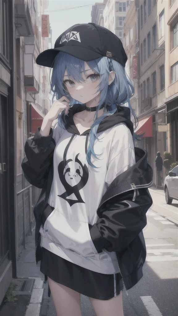 masterpiece,1girl,solo,long hair,blue hair,hoodie,off shoulder:1.2, mob cap, street,hand on hip, hand in pocket,