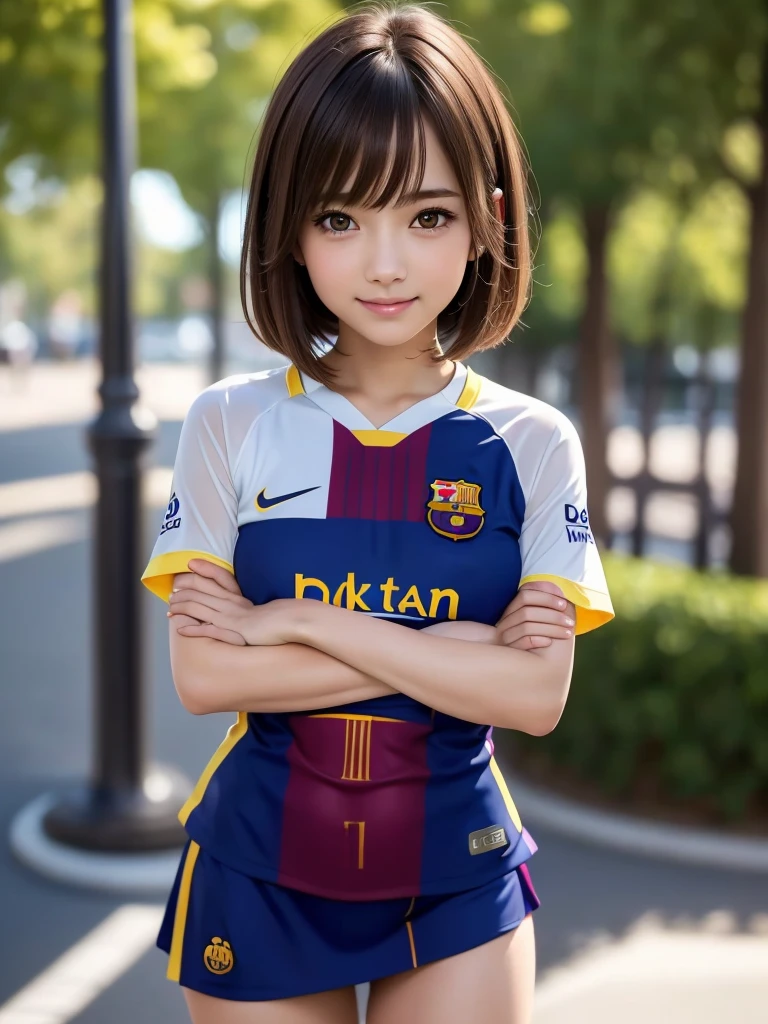 (8K, RAW Photos, Highest quality, masterpiece:1.2), (Realistic, photo-Realistic:1.4), (Highly detailed 8K wallpapers), ((Full Body Shot)), (1 girl), Sharp focus, Depth of written boundary, Cinematic lighting, Soft Light, 緻密な美しさのeye, eye_Chan, Very beautiful 17 year old girl, innocent big eyes, Realistic, photo Realistic, Highly detailed cute girl, (Thin thighs), (Model Body Type), 18-year-old, (((FC Barcelona soccer jersey))), ((Micro Mini Tight Skirt)), (((Fold your arms in front of your chest and act arrogantly))), ((A happy smile)), Parted lips, Watching the audience, (On the streets of Spain) , (Brown Hair),（Medium Bob Hair), (Asymmetrical bangs)