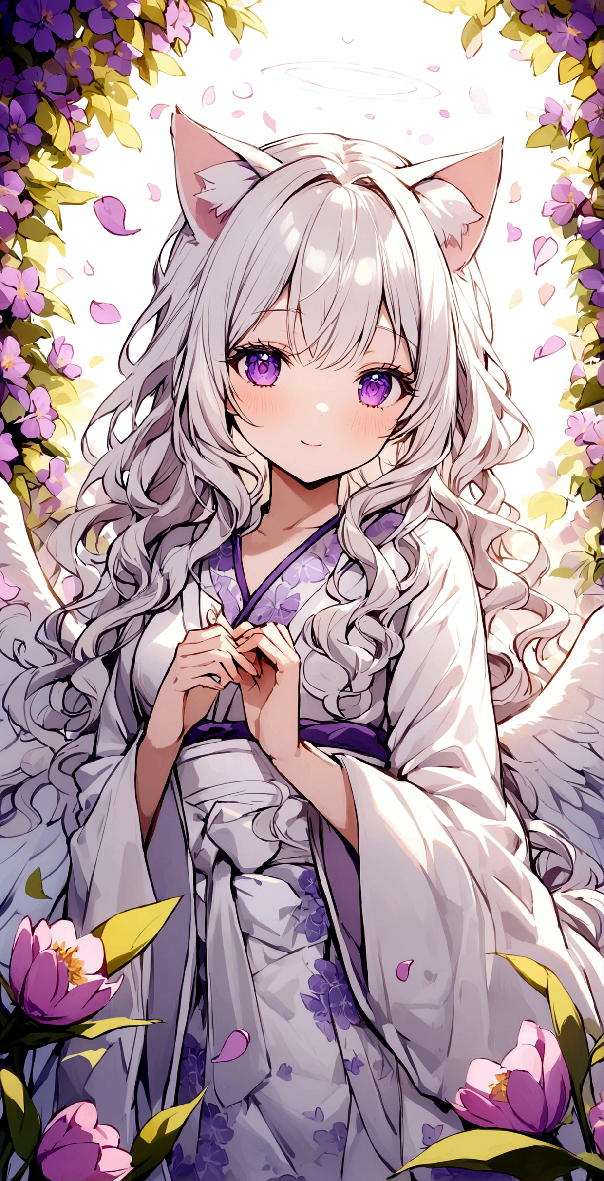 Wink,Long Wavy Hair,White hair is very attractive, Detailed and precise manual work, Attractive girl, White cat ears,Purple eyes and white eyelashes,light in your eyes,Big angel wings,Great light,A subject that stands out in a flower field, Petals flutter,Delicate white kimono with purple floral pattern, Hand-drawn illustration
