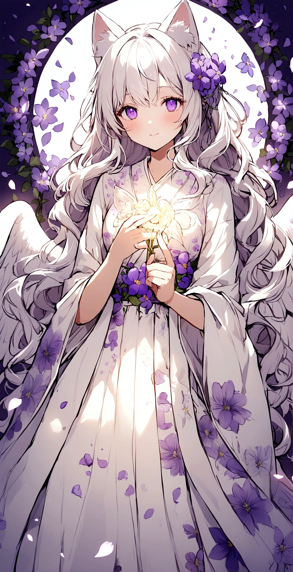 Wink,Long Wavy Hair,White hair is very attractive, Detailed and precise manual work, Attractive girl, White cat ears,Purple eyes and white eyelashes,light in your eyes,Big angel wings,Great light,A subject that stands out in a flower field, Petals flutter,Delicate white kimono with purple floral pattern, Hand-drawn illustration