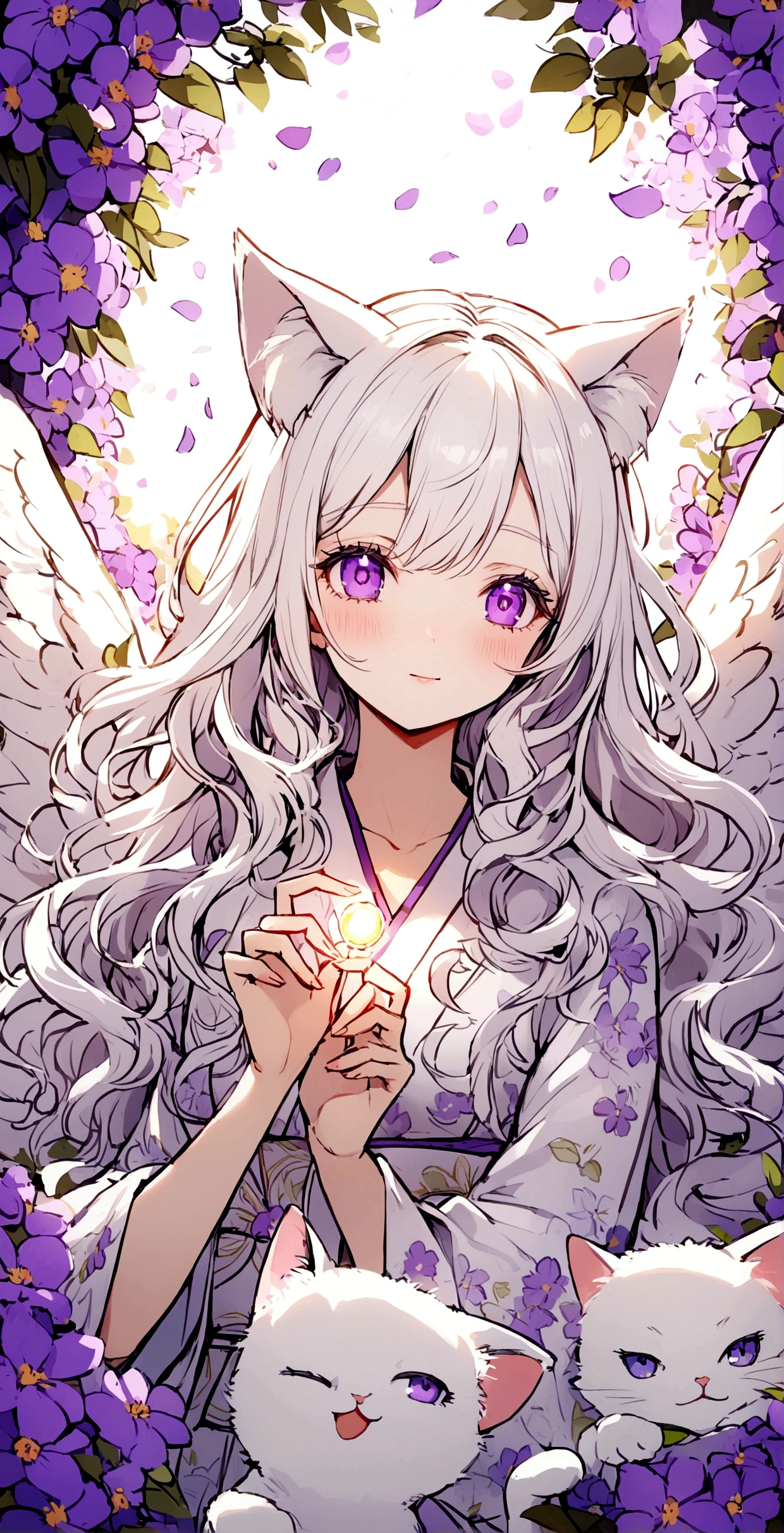 Wink,Long Wavy Hair,White hair is very attractive, Detailed and precise manual work, Attractive girl, White cat ears,Purple eyes and white eyelashes,light in your eyes,Big angel wings,Great light,A subject that stands out in a flower field, Petals flutter,Delicate white kimono with purple floral pattern, Hand-drawn illustration