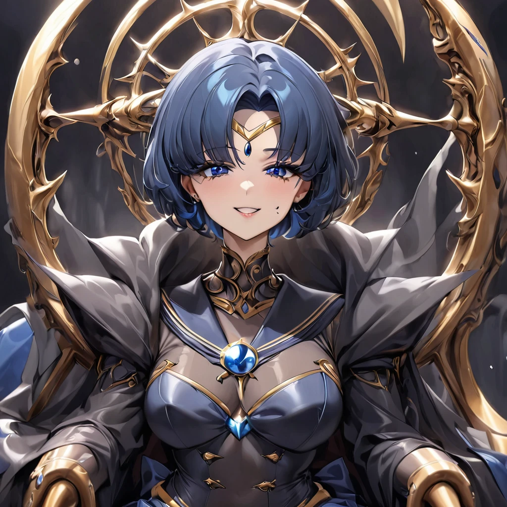 ((Highest quality)), ((masterpiece)), (detailed), （Perfect Face）、Black moon mark on forehead、The woman is Sailor Mercury, the noble dark queen of the Black Moon clan and the Black Moon, with short blue bob hair, and is sitting on a luxurious throne.、The woman has a black inverted crescent moon mark on her forehead, is wearing a gorgeous, glittering black gothic Victorian dress, a black veil and a black see-through cape, and is wearing luxurious jeweled accessories. She is the Queen of Darkness, Sailor Mercury, looking at the camera with a happy expression, and has the expression of a girl in love.