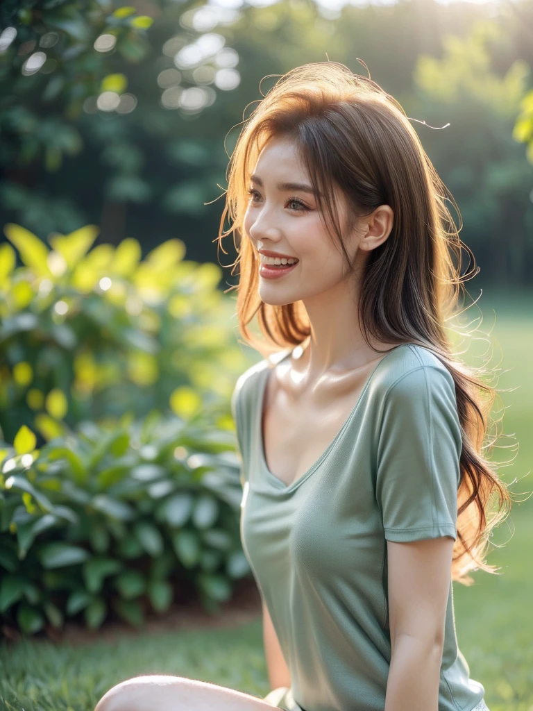 (Sitting pose, side view: 1.4), (half body photo: 1.4), RAW UHD portrait photo of a woman, (laughing face: 1.2) (Blonde long hair: 1.0), (Small Breasts: 1.5), (casual expression: 1.4), (Green T-shirt), Background is Beach, sparkling Green eyes with high detail, (perfect ???????: 1.5), (day time: 1.5), (warm light mood and tone: 1.5), (bright light: 1.6).