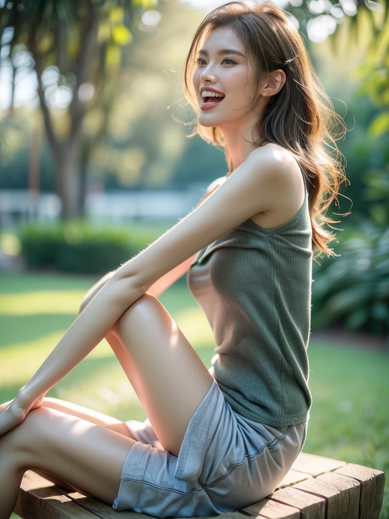 (Sitting pose, side view: 1.4), (half body photo: 1.4), RAW UHD portrait photo of a woman, (laughing face: 1.2) (Blonde long hair: 1.0), (Small Breasts: 1.5), (casual expression: 1.4), (Green T-shirt), Background is Beach, sparkling Green eyes with high detail, (perfect anatomy: 1.5), (day time: 1.5), (warm light mood and tone: 1.5), (bright light: 1.6).