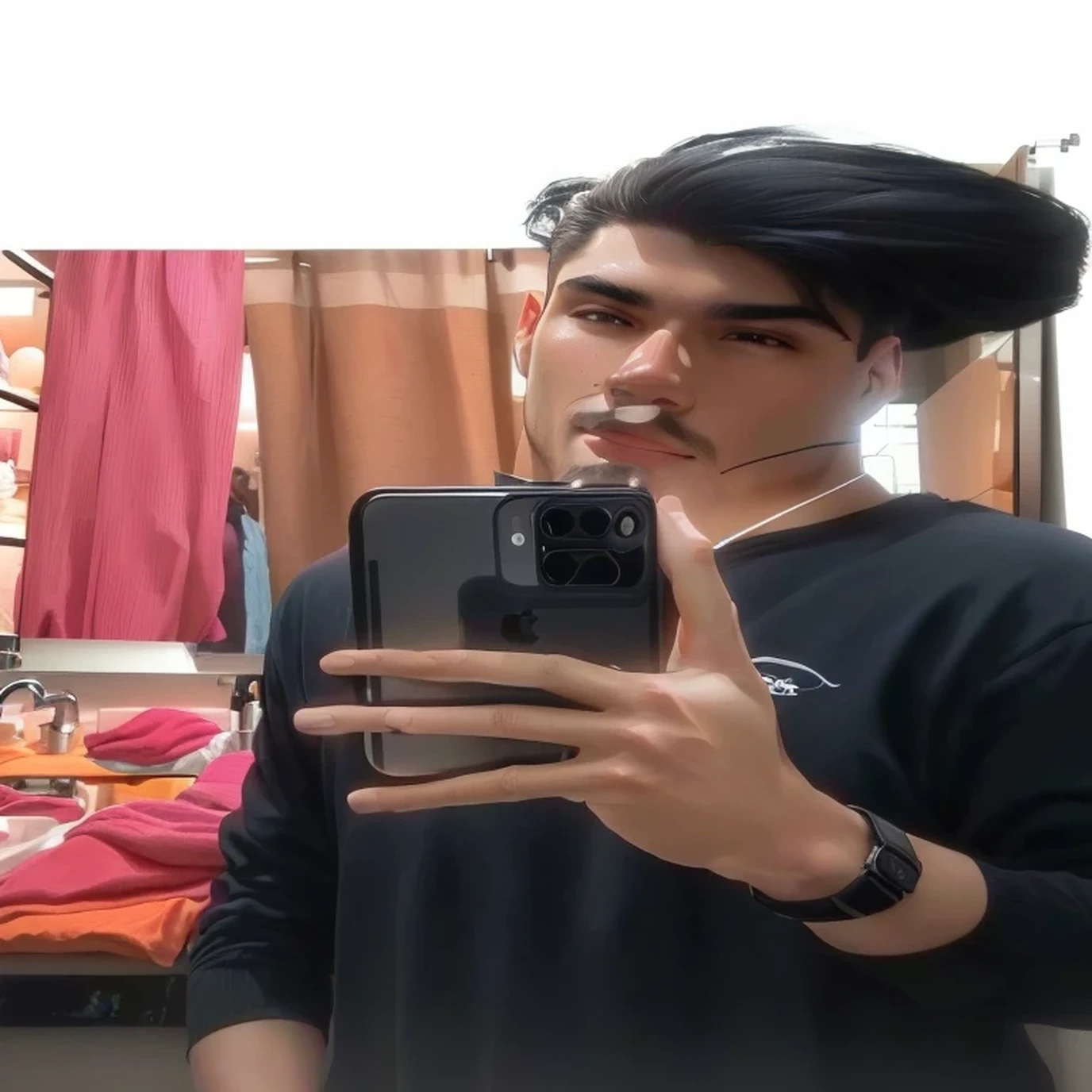 there is a man taking a picture of himself in the mirror, 8k selfie photograph, with accurate face, shot on iphone 1 3 pro max, iphone selfie, from 8 k matte, with wide angle lens, portrait shot 8 k, holding a very advance phone, very very low quality picture, low quality photograph, full body profile camera shot