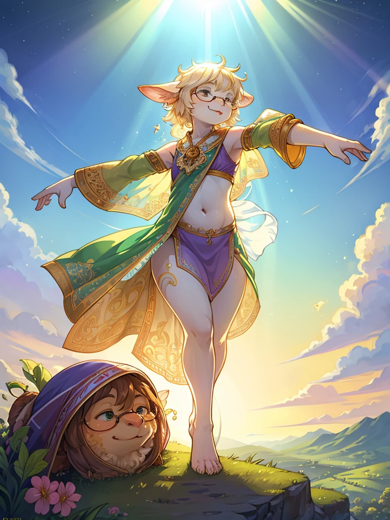 Mucha style , Hallucination , (ugly geek Sow) , (butterface) , relaxed Fluttering white thin huge 1fabric , Dancing on the top of hill , halation , Strong sunlight , The fabric is see-through, so your skin is visible , Divine Light , morning dew