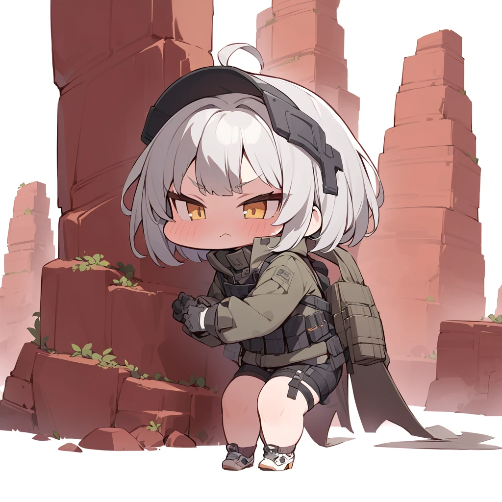 Red Cliff,Solitary,>_<,
masterpiece,best quality,
VALIDITY, shorts, gloves, high_heel_sneakers, short_socks, headdress, grey_hair, short_hair, ahoge, yellow_eyes simple background,White background,