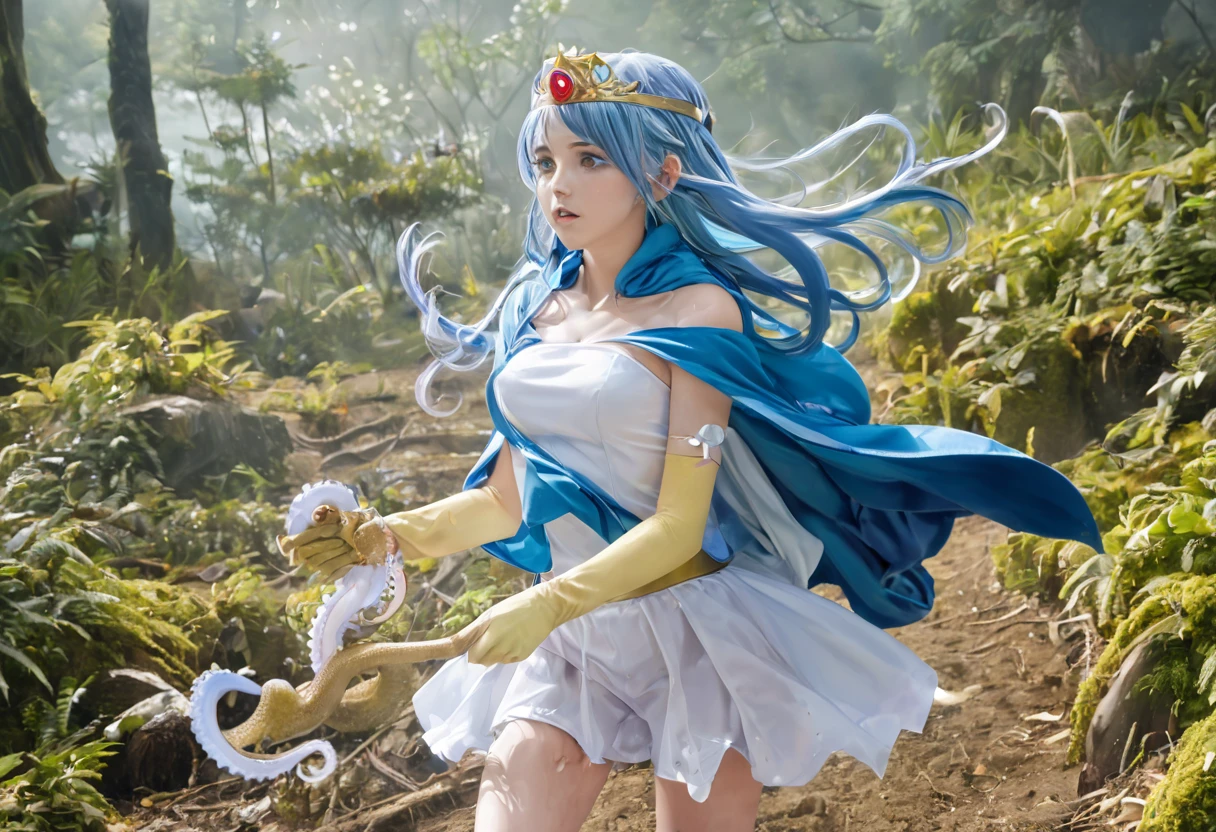 (best quality), (masterpiece), high res, all detailed, DQSage, long blue hair, red eyes, circlet, tiara, aqua cape, white dress, strapless, belt, elbow gloves, [yellow gloves, yellow boots], medium cleavage, (white underwear, panties aside, torn clothes:1.2), BREAK (NSFW), solo, 1girl, looking away, (doggystyle, open mouth, fellatio, oral, insertion), (tentacles sex, vaginal, extend tentacles:1.15), (one eye closed, crying, tears:1.2), drooling, saliva trail, sigh, blush, sweat, (forest, tentacle-pits), cinematic lighting, diffraction spikes,