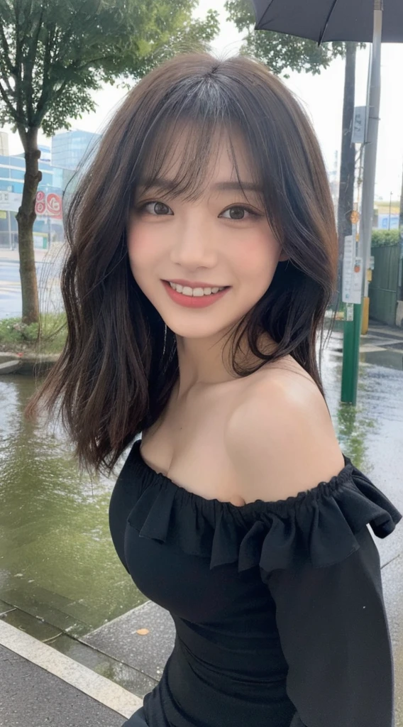 ((Best Quality, 8K, Masterpiece:1.3)), Focus: 1.2, Perfect Body Beauty: 1.4, Buttocks: 1.2, ((Layered Haircut, Breasts: 1.2)), (Wet Clothes: 1.1), (Rain, Street:1.3), Bandeau Dress: 1.1, Highly Detailed Face and Skin Texture, Fine Eyes, Double Eyelids, Whitening Skin, Long Hair, (Shut Up: 1.3), Smile