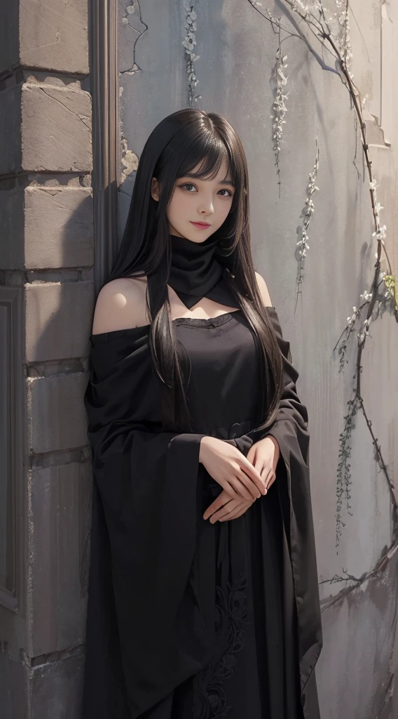 (A hyper-realistic)、(illustratio)、(hight resolution)、(8K)、(ighly detailed)、(Best Illustration)、(beautifully detailed eyes)、(top-quality)、(Ultra-detail)、(masterpiece)、(wall-paper)、(A detailed face)、solo、1 girl in、looking at viewert、fine detailed、A detailed face、in the darkness nigth、deep-shadows、lowkey、pureerosfaceace_v1、A smile、long、Black shawl straight hair、46-point diagonal bangs, (silk dresses、long skirt)(off shoulders)View of the castle、、Stand against the wall