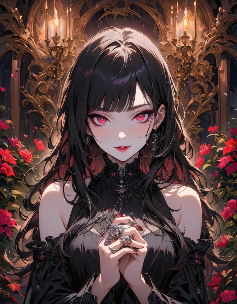 A very cute goth anime girl with black hair and bangs, wearing rings on her fingers, pale skin, sharp eyes, dark makeup, she has long acrylic nails that have been painted silver, intricate rings on fingers, wearing an all-black outfit, She exudes sophistication and cool. in the style of hyper realistic. fasion style, mysterious smile, --ar 3:4 --niji 6 --style raw --s 1000