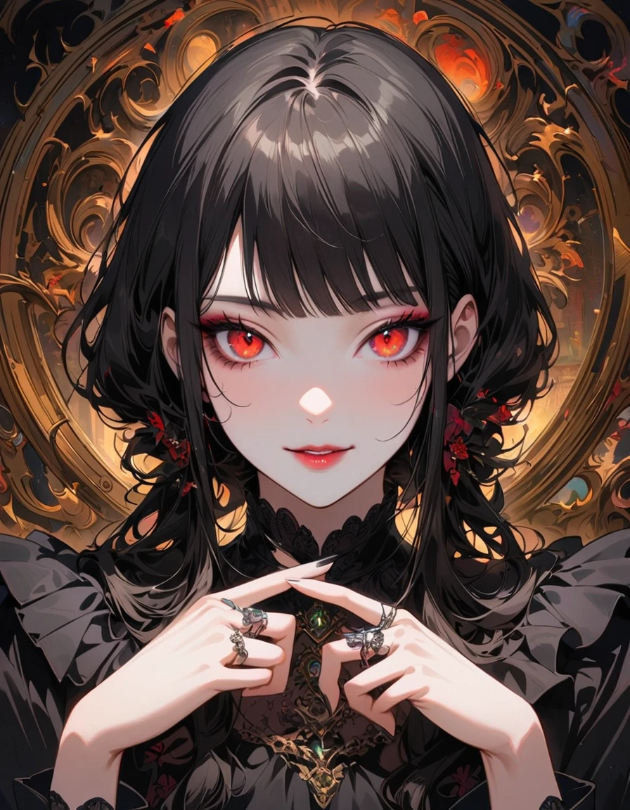 A very cute goth anime girl with black hair and bangs, wearing rings on her fingers, pale skin, sharp eyes, dark makeup, she has long acrylic nails that have been painted silver, intricate rings on fingers, wearing an all-black outfit, She exudes sophistication and cool. in the style of hyper realistic. fasion style, mysterious smile, --ar 3:4 --niji 6 --style raw --s 1000