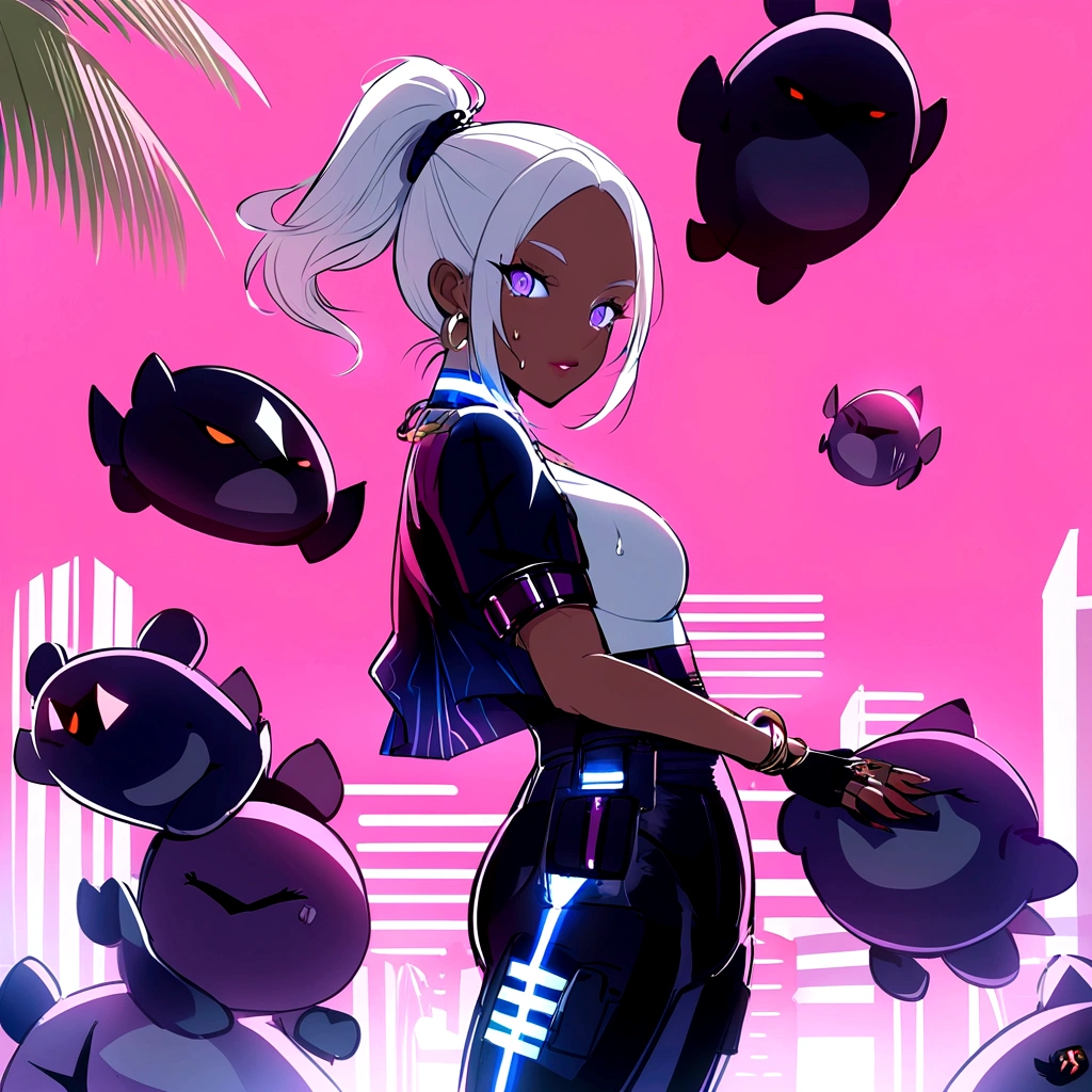 ,Sexy with bikini Costume clothes for medium muscular dark skinned woman, short white hair tied in a ponytail, Eyes red, yellow jacket, black cargo pants, drawing the race: ten mens (with enhanced characteristics Genre: Feminine woman appearance: Dark skin and medium muscular Short white hair spiked up, similar to the style "porcupine hair"
eerie glowing red eyes, emanating power Wearing the black jacket characteristic of High-Level Hunters, with gold detailsTight black cargo pants, with black combat boots Accessories: black fingerless gloves, revealing sharp claw marks Magic dagger floating next to his right hand, giving off a slightly bluish aura Lips are smooth or colored, fundo preto Simpler, minimalism, monotonous, paletas de cores Simpler, to clean, sharp designs, fluid silhouettes, skirts and tight pants, high-waisted skirts and pants, vestidos Simpler, shirts and blouses, asymmetric, geometric, Elegant, luxurious materials and designs, Simpler, Minimum accessories, Fine silver or gold necklaces and rings, Simpler bangles, Differentiated designs, silhuetas Simpler, estilo Simpler e sofisticado, elegance, minimalism, high quality materials, cool and urban print, high-fashion, Simplicity and sophistication, standing alone, 1 girl, breasts big, thick-thighs, Waist slender, sweaty breasts