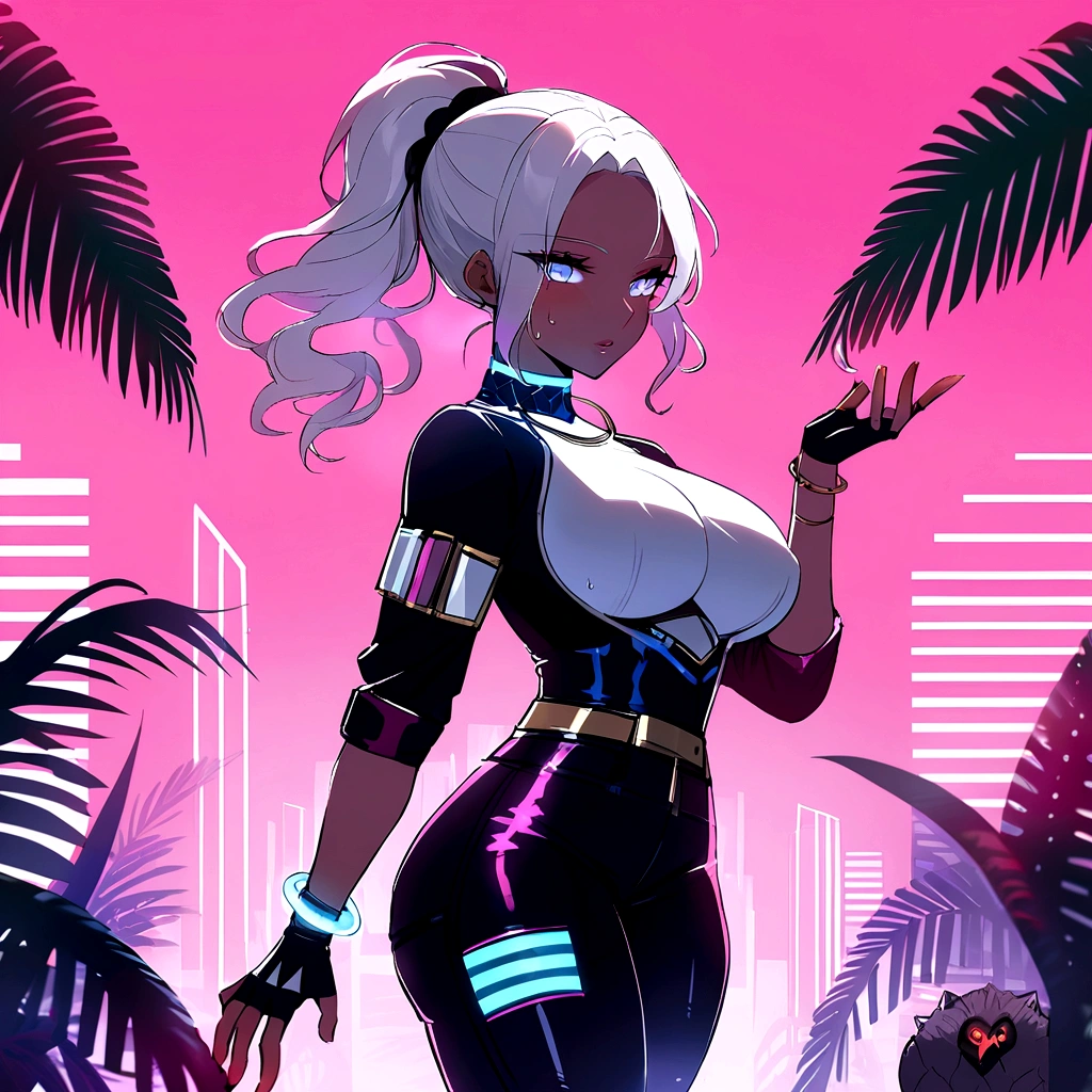 ,Sexy with bikini Costume clothes for medium muscular dark skinned woman, short white hair tied in a ponytail, Eyes red, yellow jacket, black cargo pants, drawing the race: ten mens (with enhanced characteristics Genre: Feminine woman appearance: Dark skin and medium muscular Short white hair spiked up, similar to the style "porcupine hair"
eerie glowing red eyes, emanating power Wearing the black jacket characteristic of High-Level Hunters, with gold detailsTight black cargo pants, with black combat boots Accessories: black fingerless gloves, revealing sharp claw marks Magic dagger floating next to his right hand, giving off a slightly bluish aura Lips are smooth or colored, fundo preto Simpler, minimalism, monotonous, paletas de cores Simpler, to clean, sharp designs, fluid silhouettes, skirts and tight pants, high-waisted skirts and pants, vestidos Simpler, shirts and blouses, asymmetric, geometric, Elegant, luxurious materials and designs, Simpler, Minimum accessories, Fine silver or gold necklaces and rings, Simpler bangles, Differentiated designs, silhuetas Simpler, estilo Simpler e sofisticado, elegance, minimalism, high quality materials, cool and urban print, high-fashion, Simplicity and sophistication, standing alone, 1 girl, breasts big, thick-thighs, Waist slender, sweaty breasts