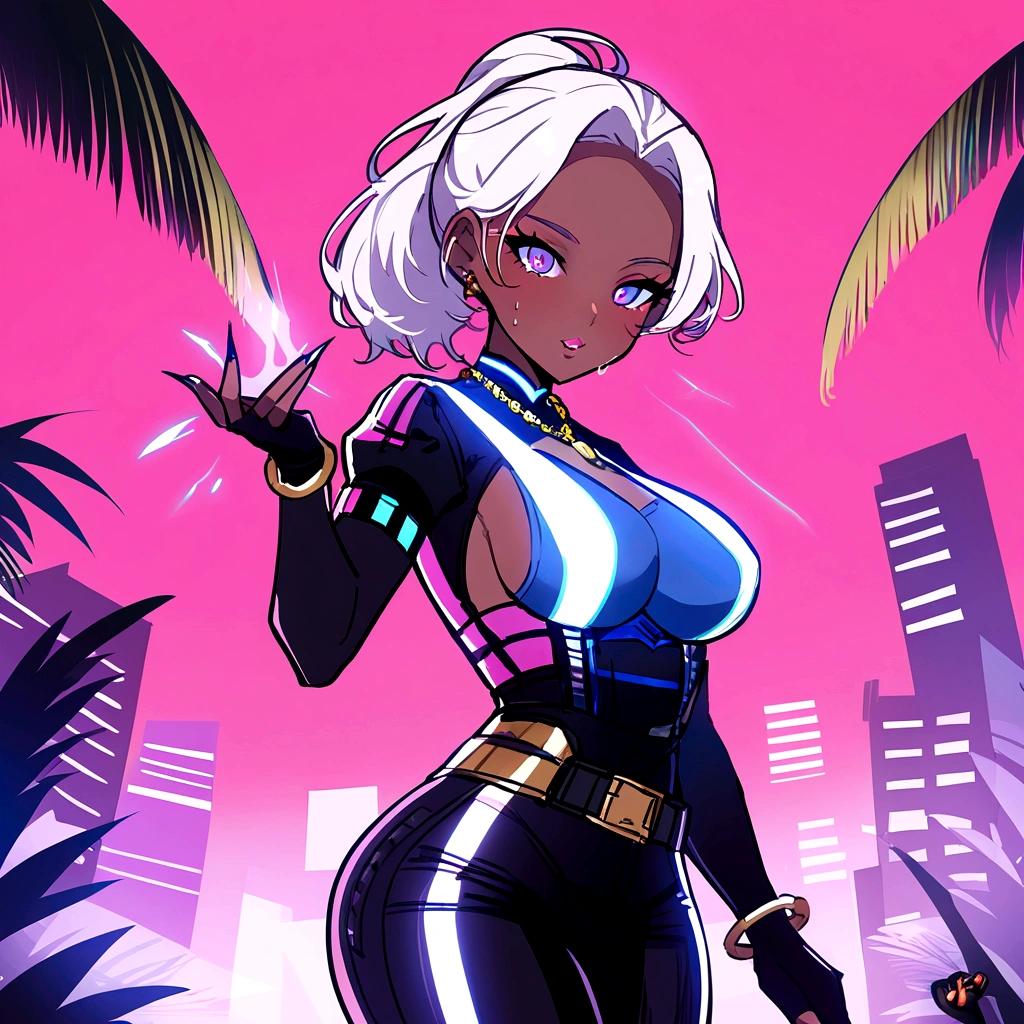 ,Sexy with bikini Costume clothes for medium muscular dark skinned woman, short white hair tied in a ponytail, Eyes red, yellow jacket, black cargo pants, drawing the race: ten mens (with enhanced characteristics Genre: Feminine woman appearance: Dark skin and medium muscular Short white hair spiked up, similar to the style "porcupine hair"
eerie glowing red eyes, emanating power Wearing the black jacket characteristic of High-Level Hunters, with gold detailsTight black cargo pants, with black combat boots Accessories: black fingerless gloves, revealing sharp claw marks Magic dagger floating next to his right hand, giving off a slightly bluish aura Lips are smooth or colored, fundo preto Simpler, minimalism, monotonous, paletas de cores Simpler, to clean, sharp designs, fluid silhouettes, skirts and tight pants, high-waisted skirts and pants, vestidos Simpler, shirts and blouses, asymmetric, geometric, Elegant, luxurious materials and designs, Simpler, Minimum accessories, Fine silver or gold necklaces and rings, Simpler bangles, Differentiated designs, silhuetas Simpler, estilo Simpler e sofisticado, elegance, minimalism, high quality materials, cool and urban print, high-fashion, Simplicity and sophistication, standing alone, 1 girl, breasts big, thick-thighs, Waist slender, sweaty breasts