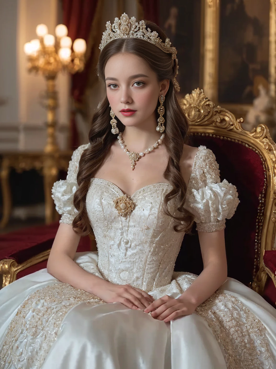 a woman in a white dress sitting on a red chair, royal gown, ornate royal gown, white royal dress, royal dress, rococo queen, exquisite aristocratic, intricate victorian dress, historical baroque dress, victorian dress, ornate gown, elegant baroque, in victorian aristocrat, dress in the style of rococo, royal elegant pose, victorian style costume