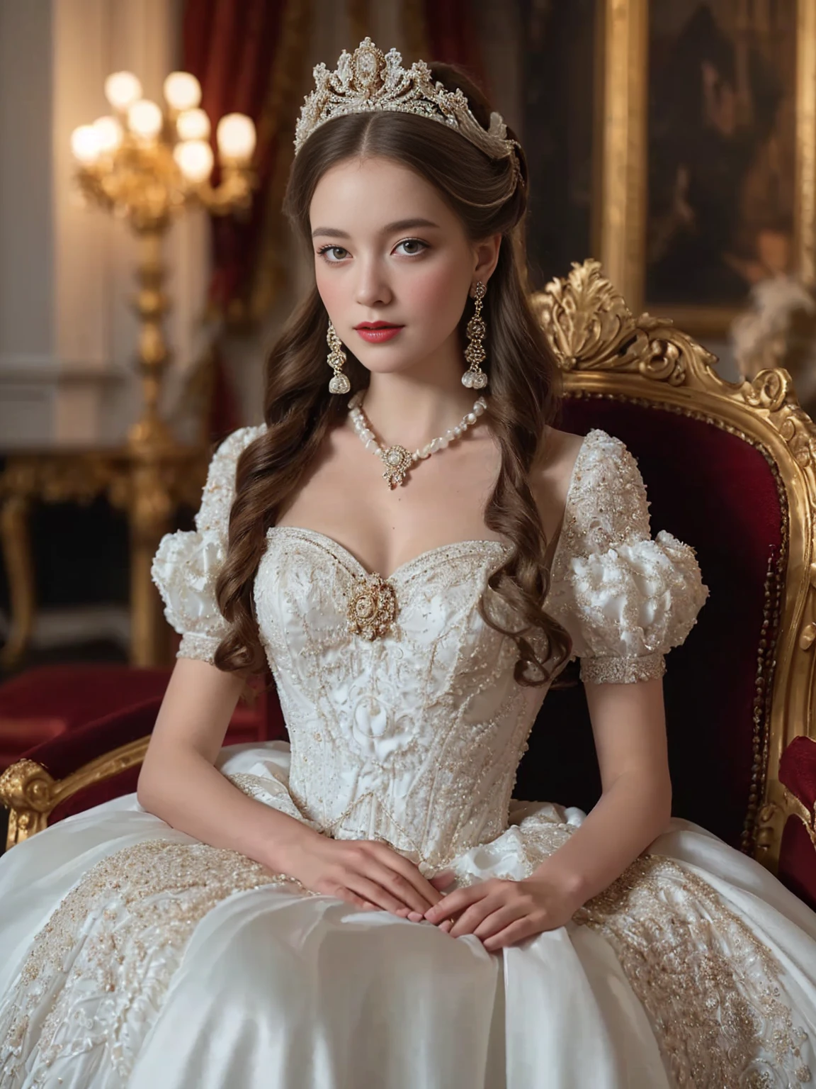 a woman in a white dress sitting on a red chair, royal gown, ornate royal gown, white royal dress, royal dress, rococo queen, exquisite aristocratic, intricate victorian dress, historical baroque dress, victorian dress, ornate gown, elegant baroque, in victorian aristocrat, dress in the style of rococo, royal elegant pose, victorian style costume