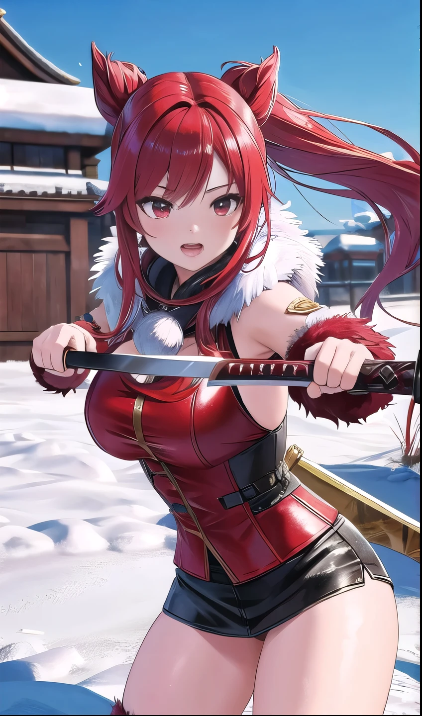 Hunting girl with sword in fighting pose in the snow,Oriental,Blade and Soul,Ink Style,Long Red Hair,Leather and fur coats,cold,artwork,3d,4K,detailed,Realistic