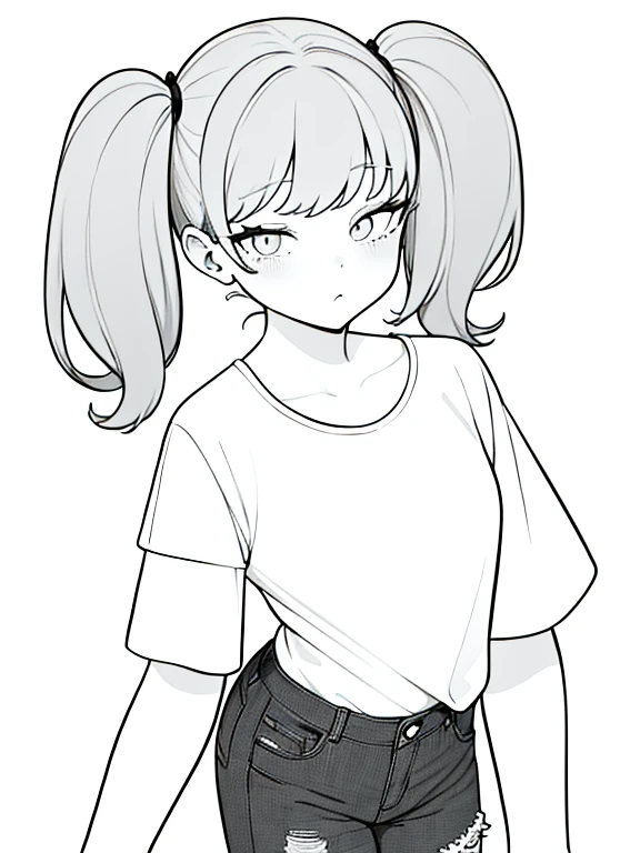 (masterpiece, best quality:1.2), (line drawing), ((monochrome, black and white)), Bun２Cartoon one woman with two hairstyles and short pigtails, (30 years old, Hair color is dark gray), long eyes, Simple short-sleeved T-shirt with no decorations, denim pants, wearing jeans, simple background