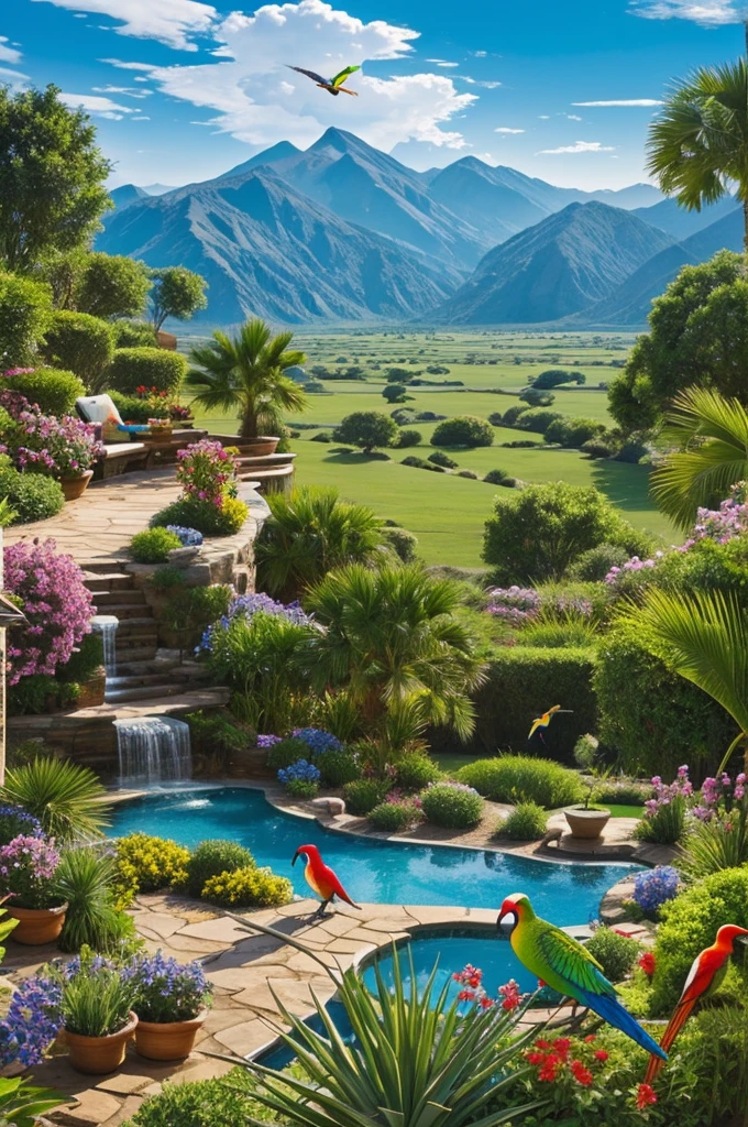 Create a spectacular landscape with very beautiful exotic birds and plains
