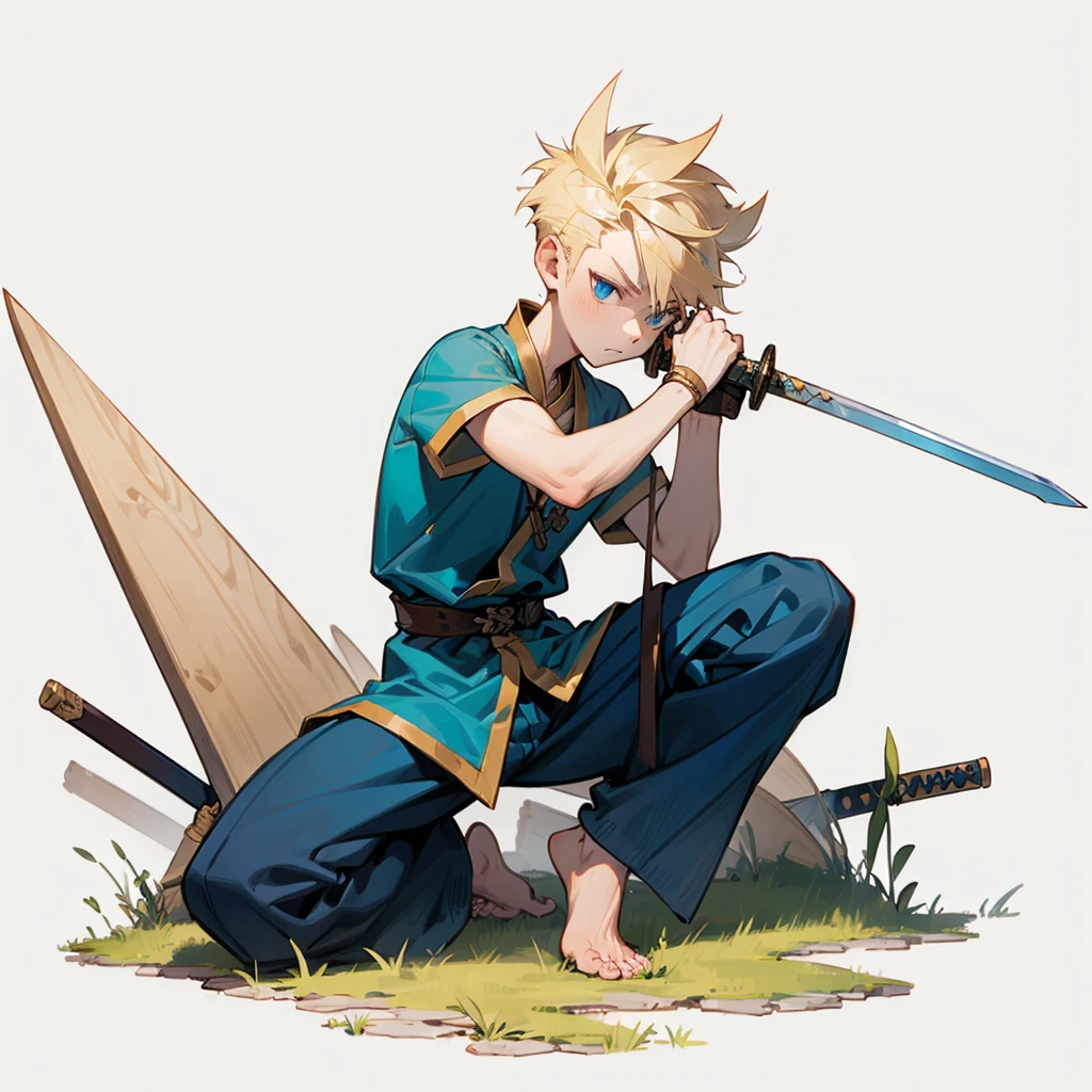 1character, Full body version, Viking boys, little boys, albino skins, blue eyes, faux hawk hair, blonde colour hair, poor boys, Simple short clothes, (small sword wood in hand, his pose is practicing alone), Grassroots 