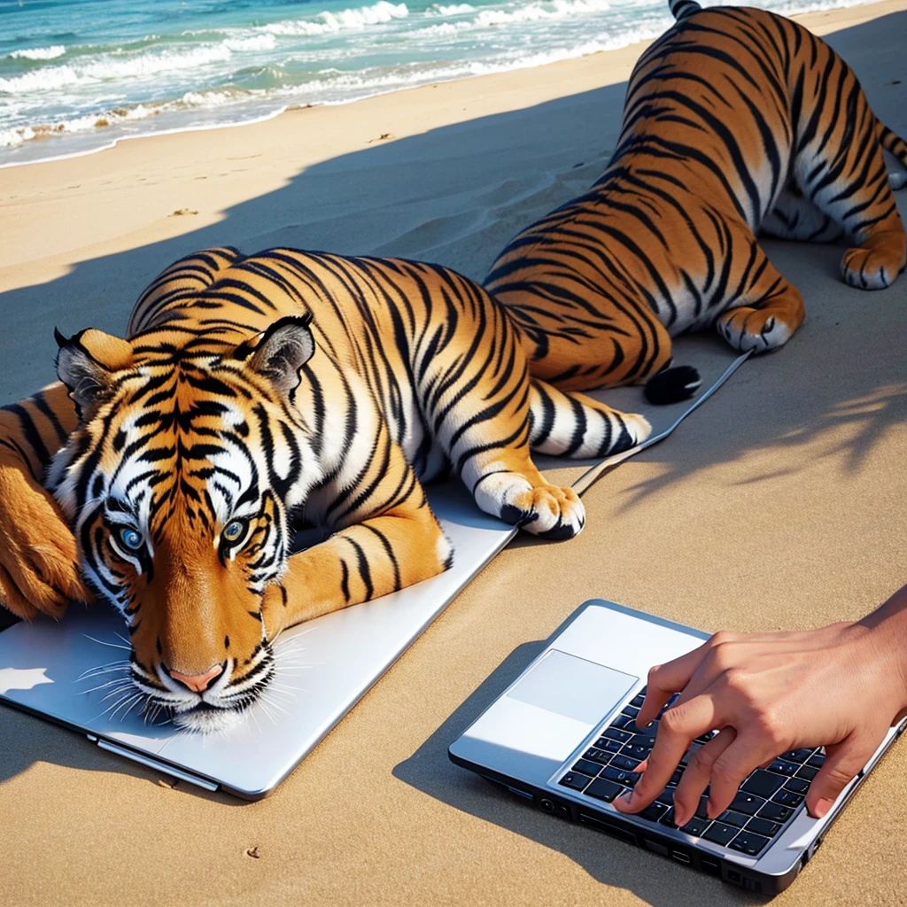 Tiger's a crook with a lot of money on the beach, working the crypto market on his laptop.