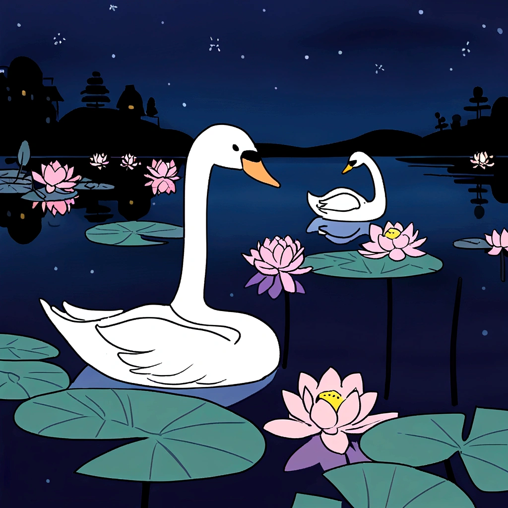 A swan 🦢 looking at his dead mate swan reflection on the lake, ((lotus)), ((night time)), 