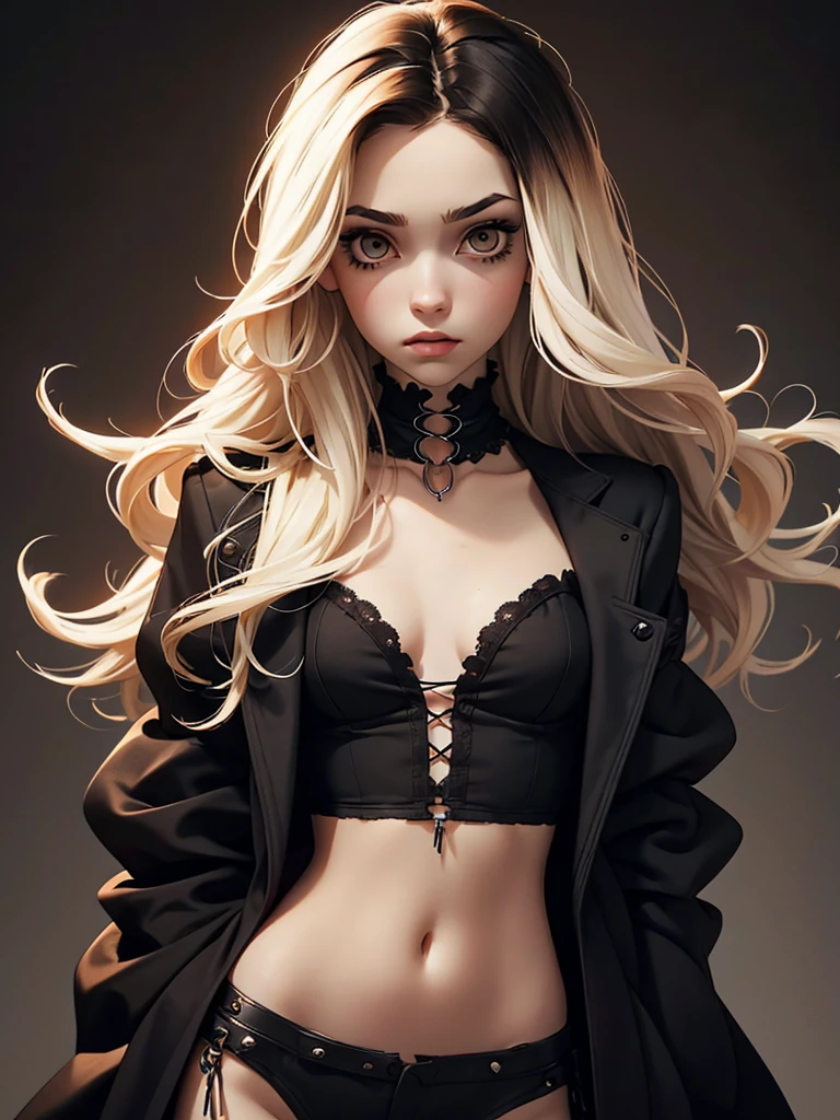 (best quality), 1girl, female, pale skin, (black hair), blonde ombre, medium hair, messy hair, hair over eyes, (brown eyes), perfect eyes, dark circles under eyes, skinny body, , flat chest, (gothic fashion), childish, masterpiece, anatomically correct, highres
